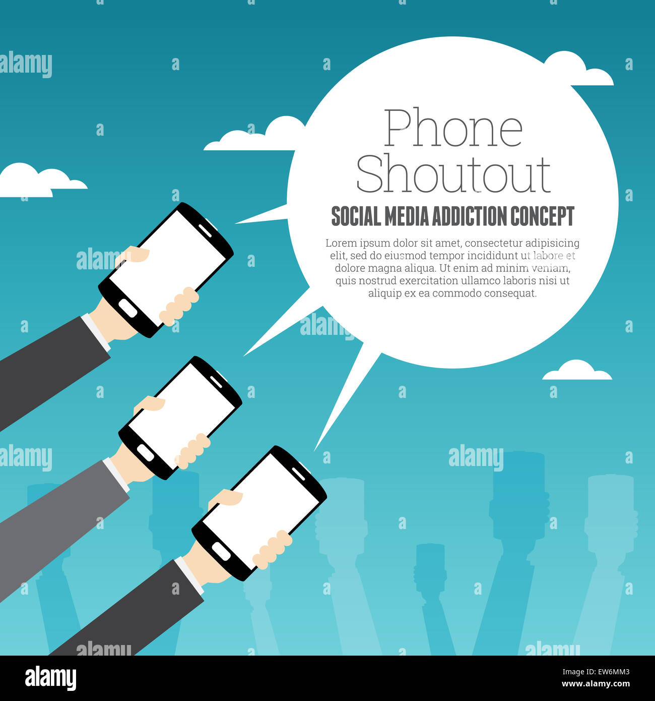 Illustrazione Vettoriale di diverse mani tenendo gli smartphone con copyspace sul fumetto. Foto Stock