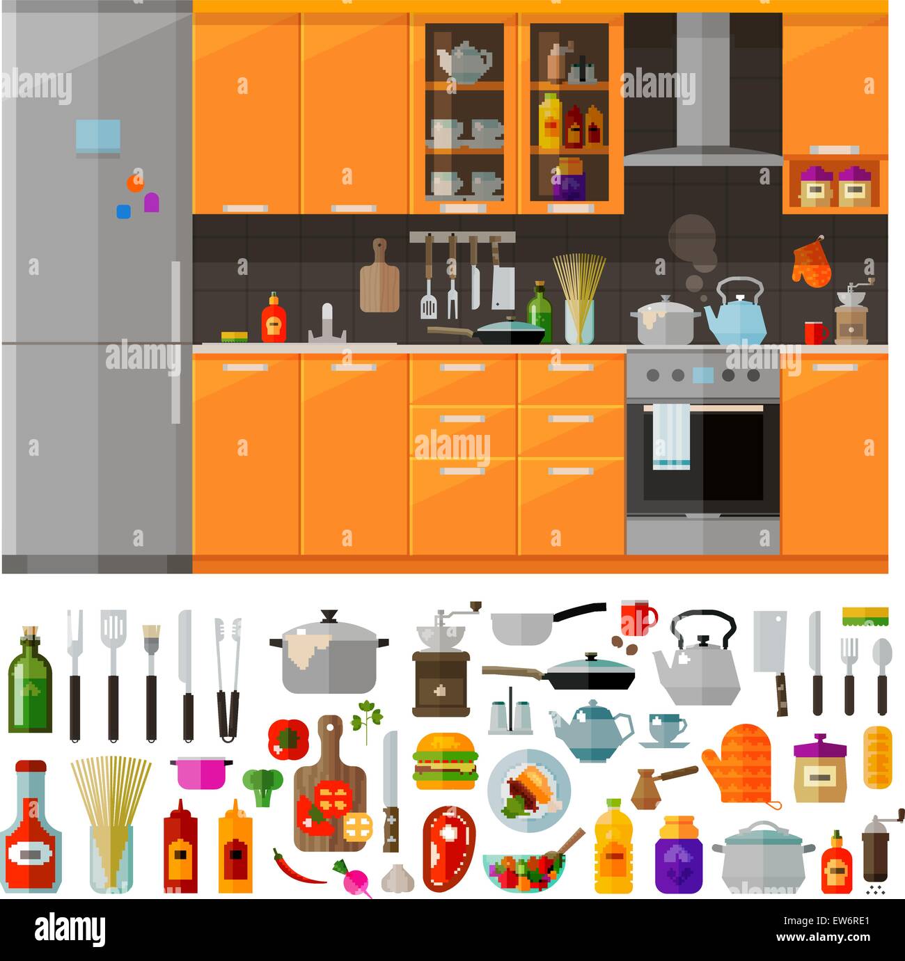 Cucina moderna con set di icone. vettore. illustrazione piatta Illustrazione Vettoriale