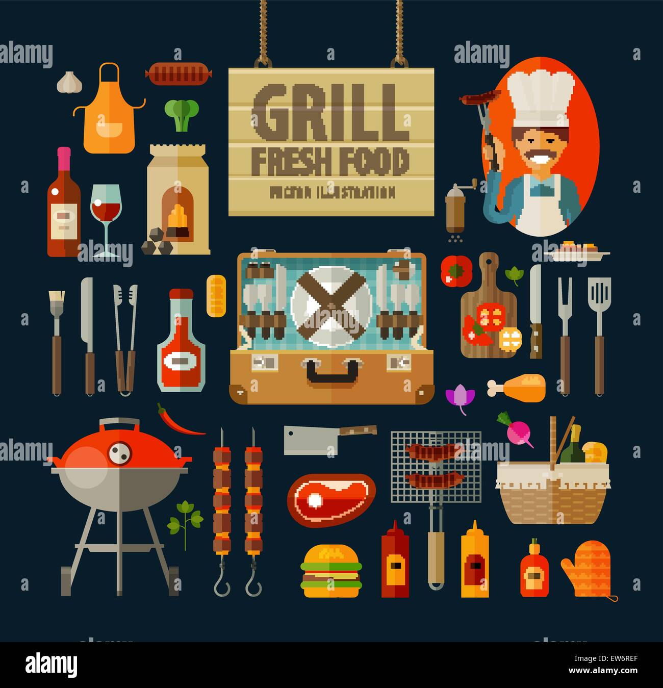 Grill barbecue set di icone. vettore. illustrazione piatta Illustrazione Vettoriale