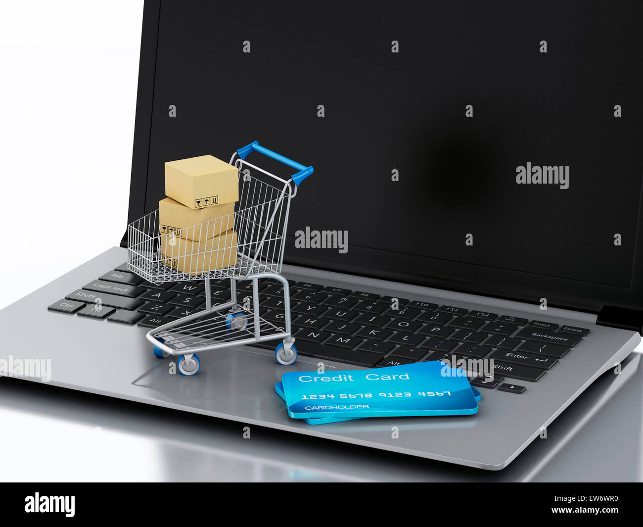 Immagine 3d. Computer portatile con carrello e carte di credito. Shopping online concetto. Foto Stock