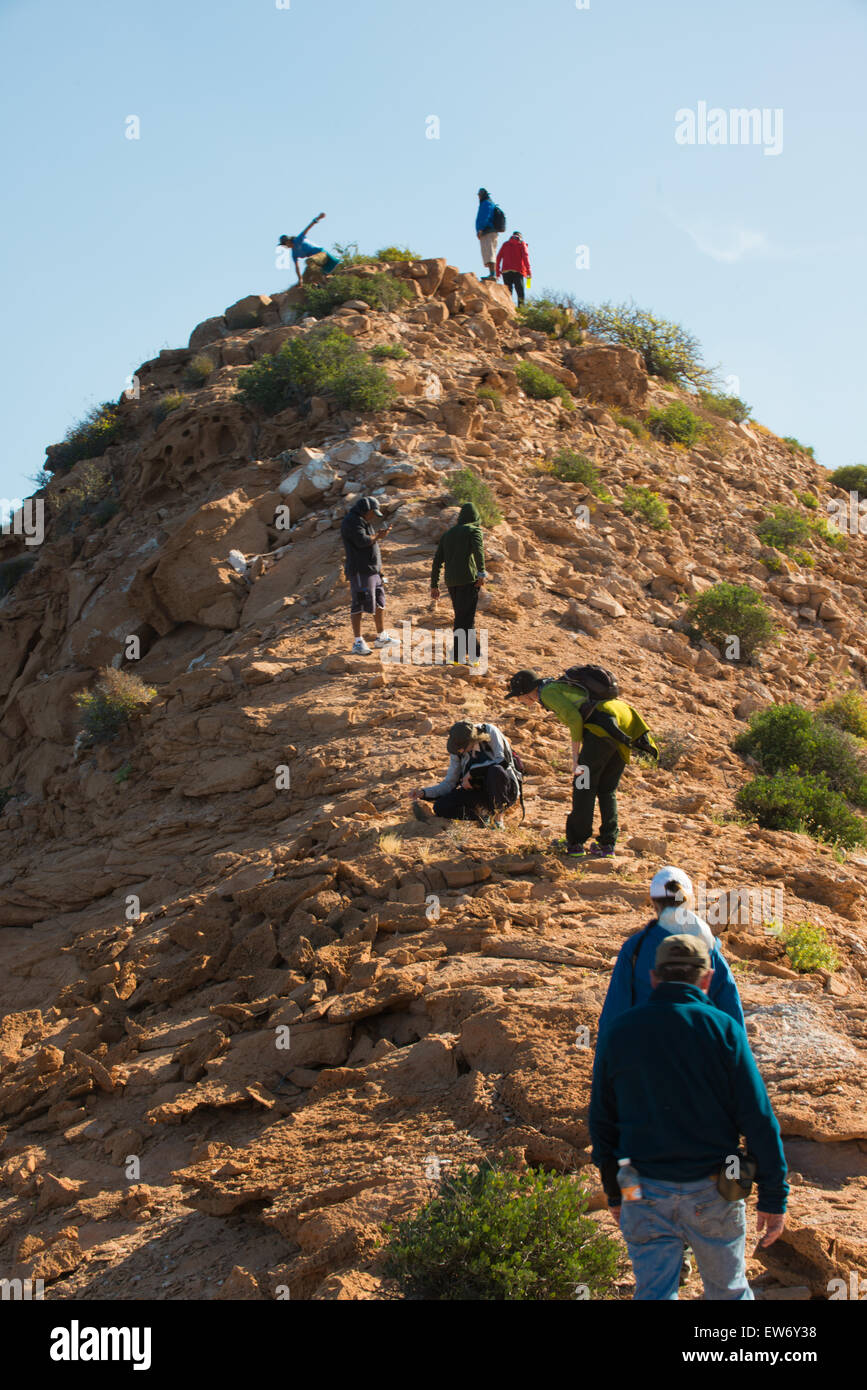 Messico, Baja, Lapaz, Espiritu Santo. I turisti escursioni a piedi su per la collina. Foto Stock