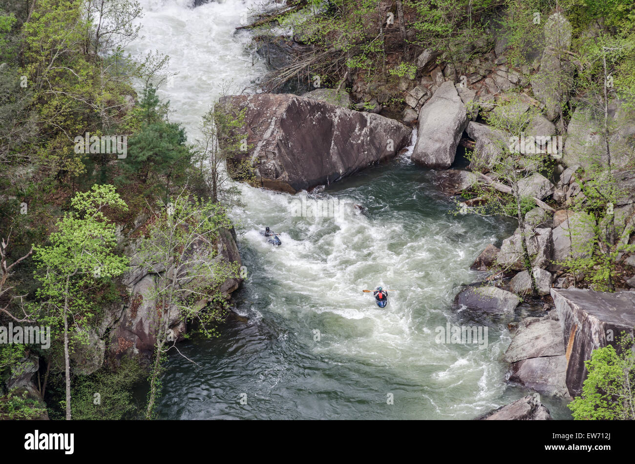 Kayakers paddle più rapide di seguito Toccoa Falls Foto Stock