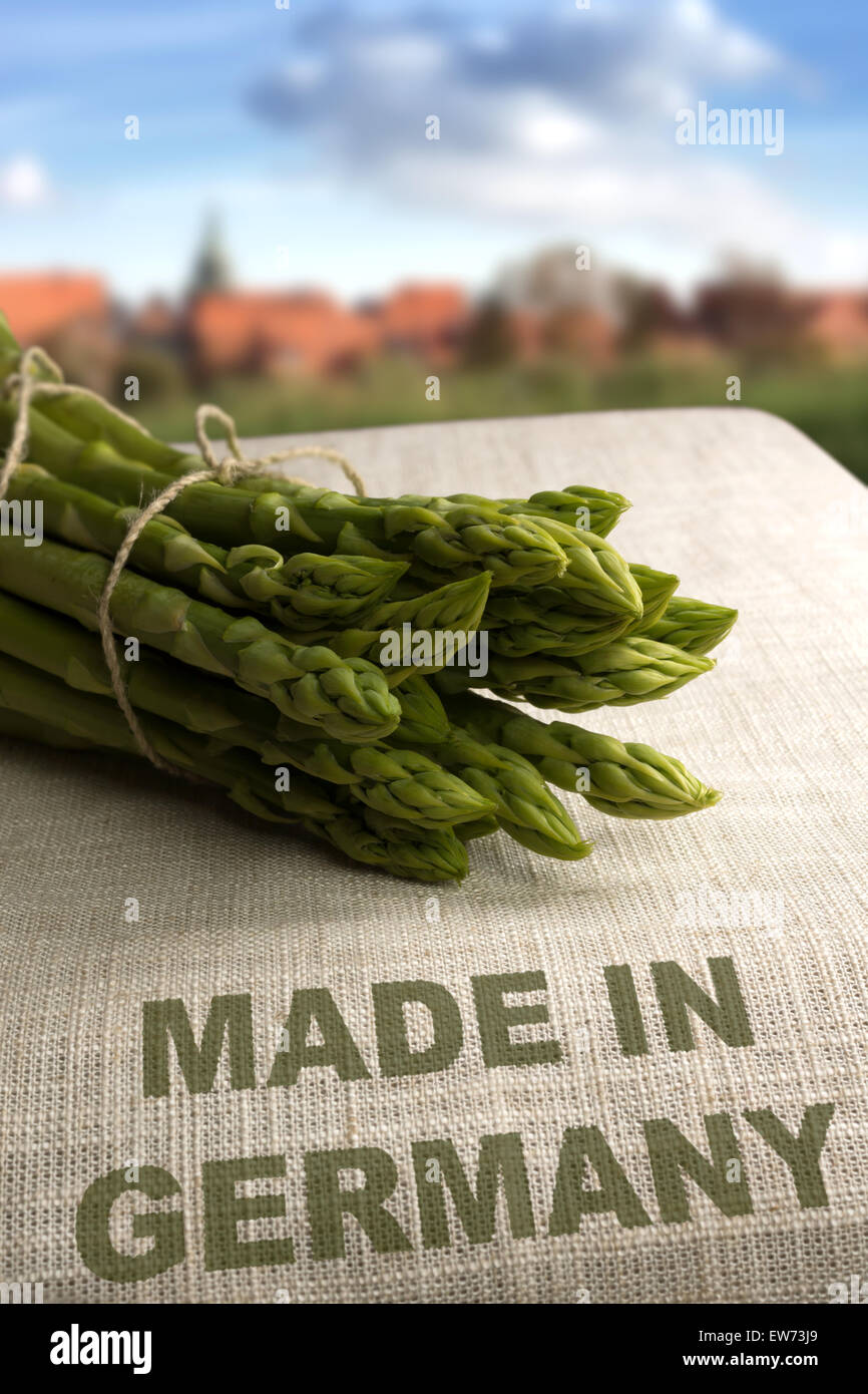 Gli asparagi verdi sul sacchetto con la città tedesca di sfondo e il testo "made in Germany" Foto Stock