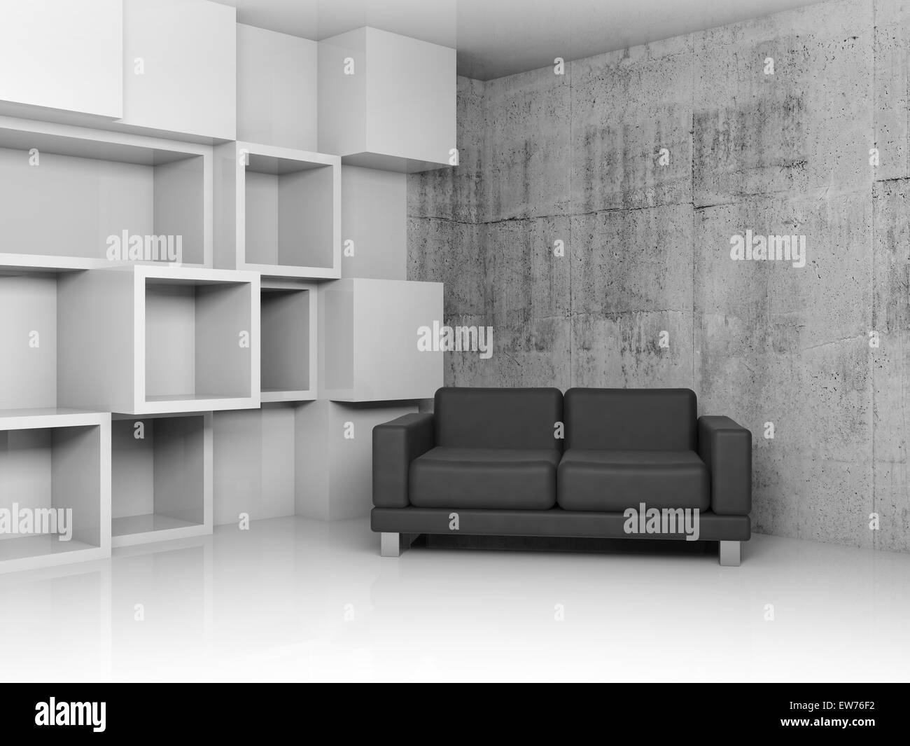 Interni astratti, calcestruzzo office room con il cubo bianco decorazione in rilievo sulla parete e divano in pelle nera, 3d illustrazione Foto Stock