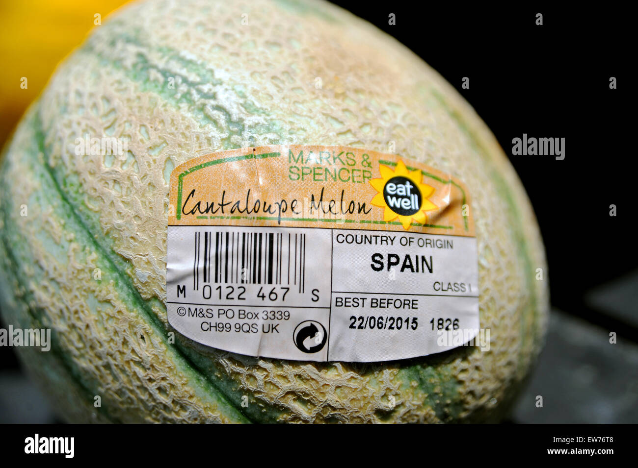 Un melone di Cantaloupe cresciuto in Spagna e venduto al supermercato nel Regno Unito con l'adesivo migliore prima della data Foto Stock