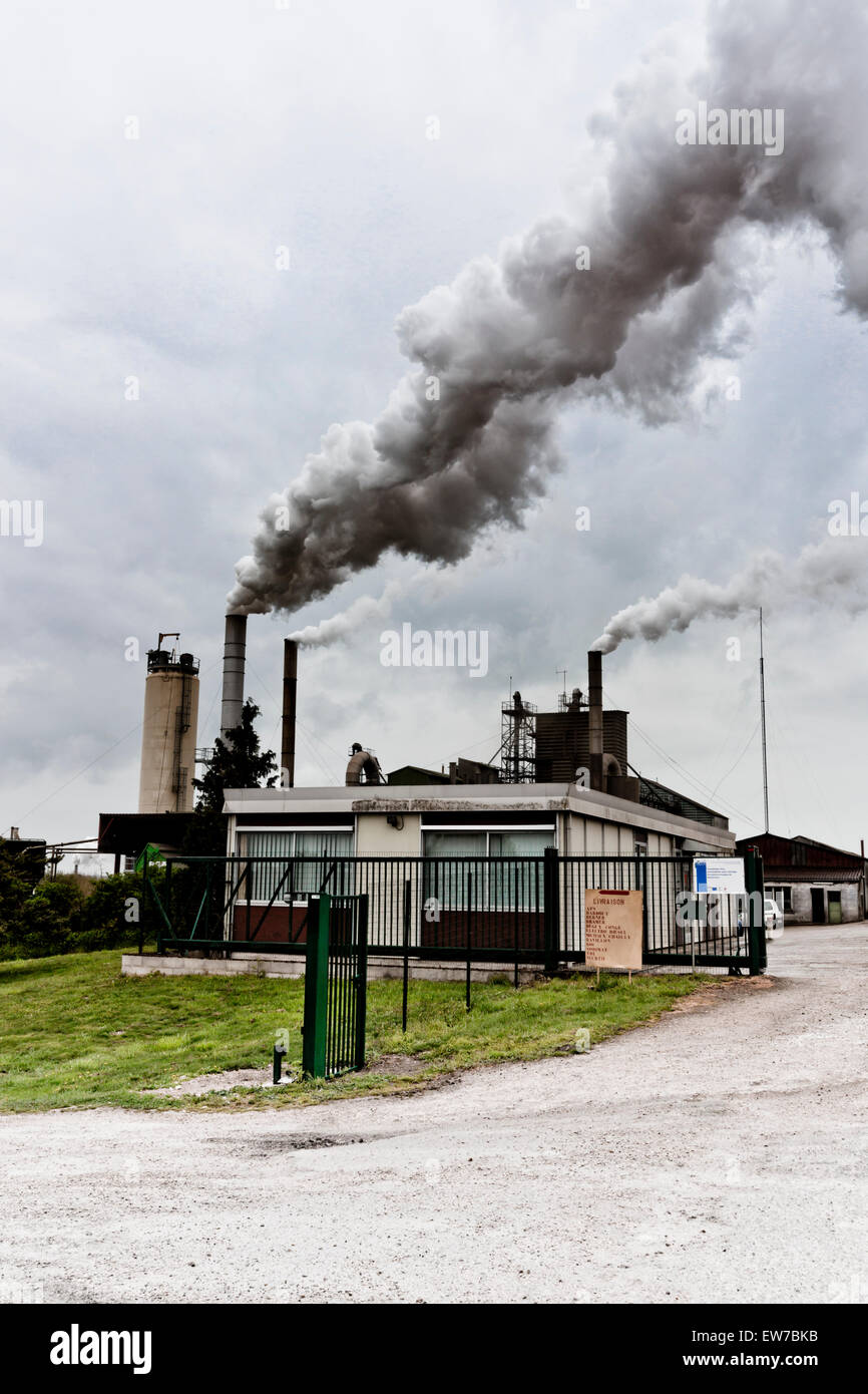 L'installazione per l'asciugatura di erba medica e le polpe di barbabietole, sboccatura pennacchi di fumo billowing Foto Stock