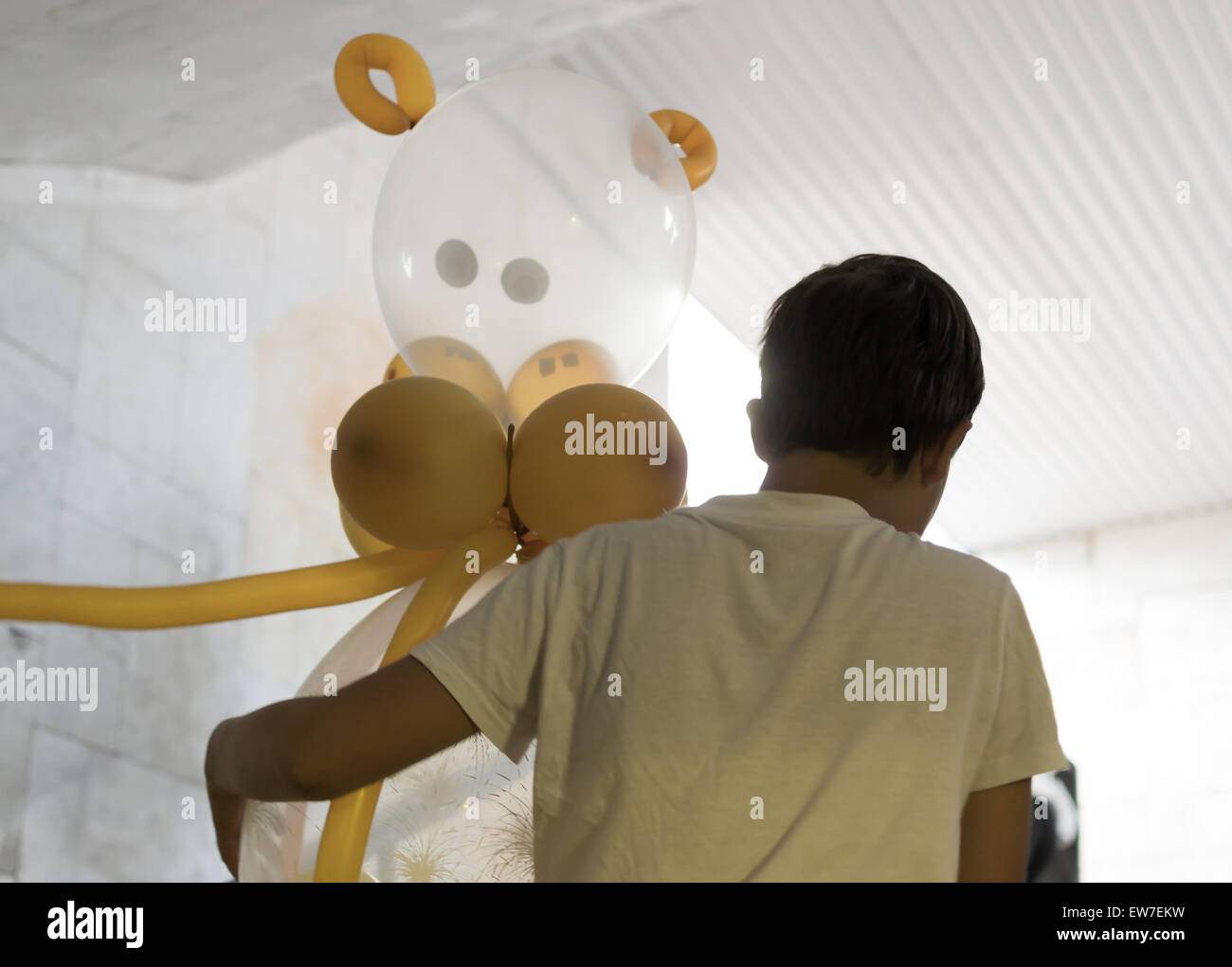 Ragazzo giovane porta il suo palloncino animali nella luce del sole Foto Stock