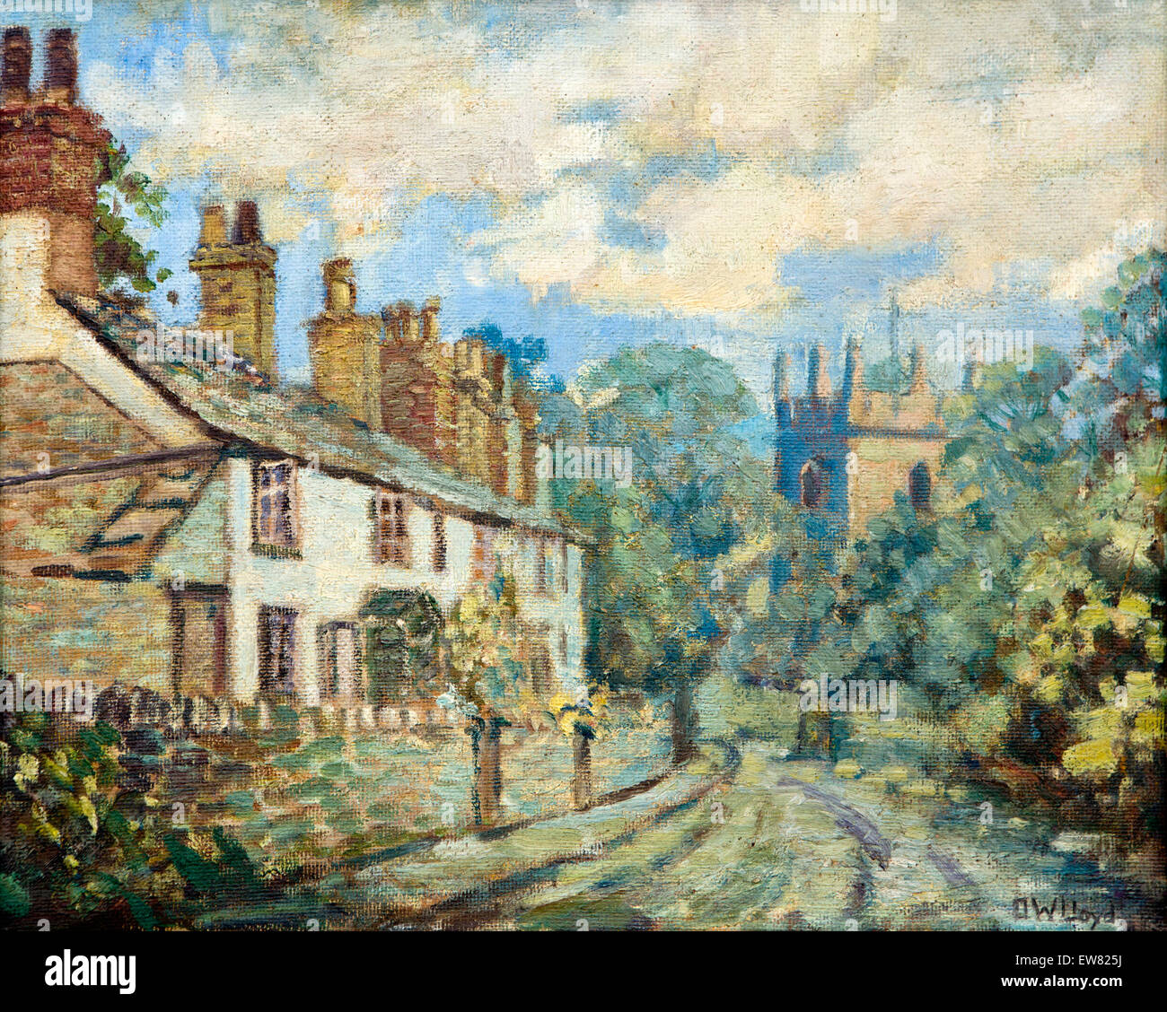 Regno Unito, Inghilterra, Cheshire, Pott Shrigley, villaggio e chiesa parrocchiale, negli anni quaranta, dipinto da Don Oscar Lloyd Foto Stock