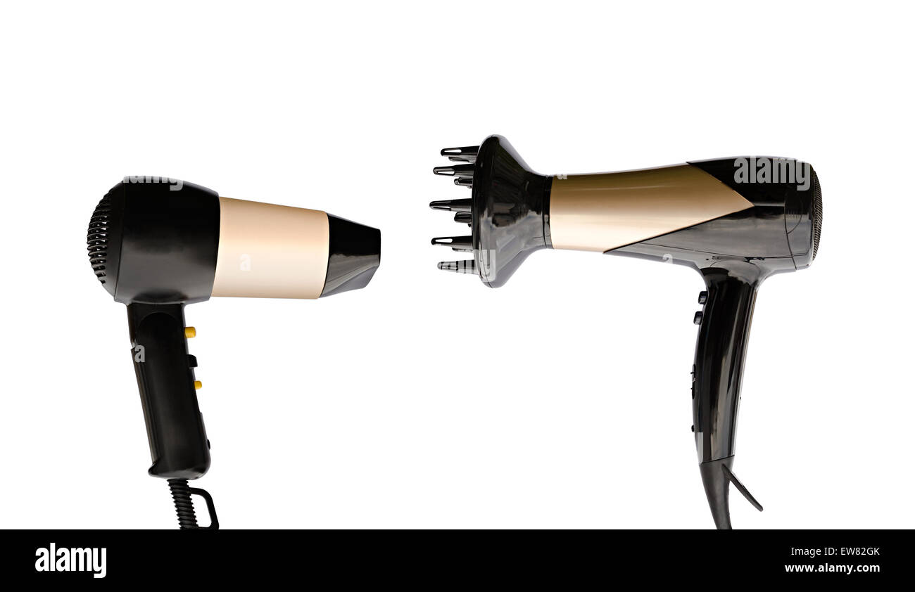 Due asciugacapelli su sfondo bianco Foto Stock