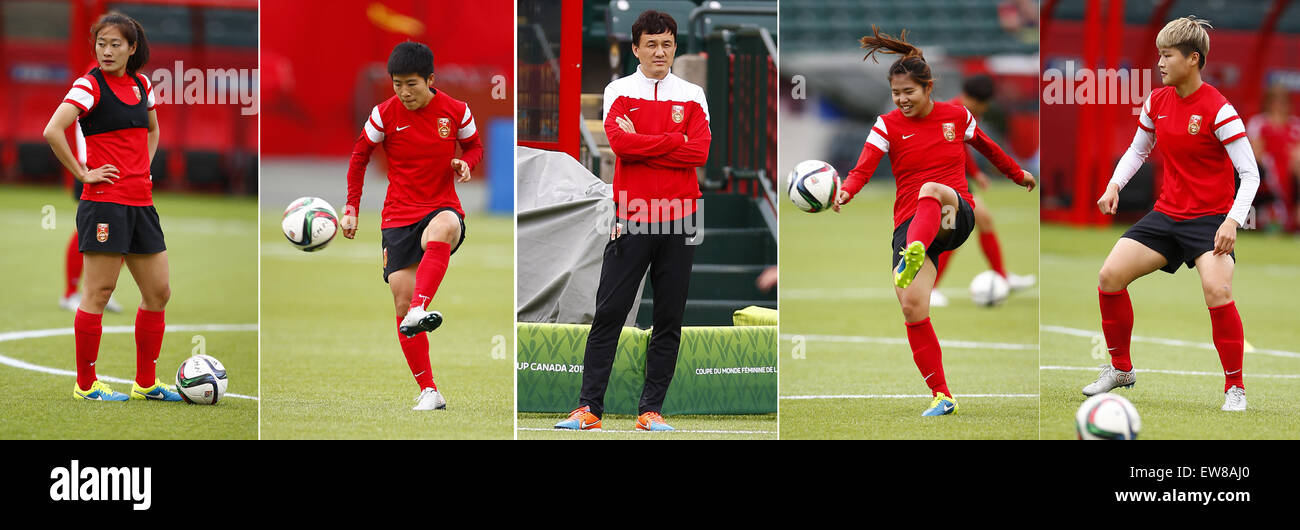 Edmonton, Wang Lisi e Ma Jun (L-R) assistere ad una sessione di allenamento in vista del round di 16 match contro il Camerun al Commonwealth Stadium di Edmonton. 19 giugno 2015. Questa combinazione mostra fotografica di Wu Haiyan, Ren Guixin, pullman Hao Wei, Wang Lisi e Ma Jun (L-R) assistere ad una sessione di allenamento in vista del round di 16 match contro il Camerun al Commonwealth Stadium di Edmonton, Canada. Credito: Ding Xu/Xinhua/Alamy Live News Foto Stock