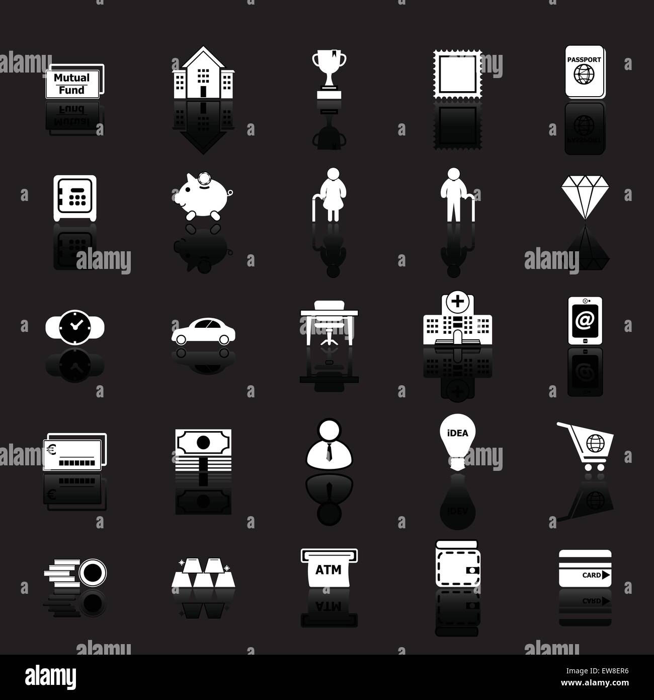 Finanziari personali con le icone di riflettere su sfondo nero, vettore di stock Illustrazione Vettoriale