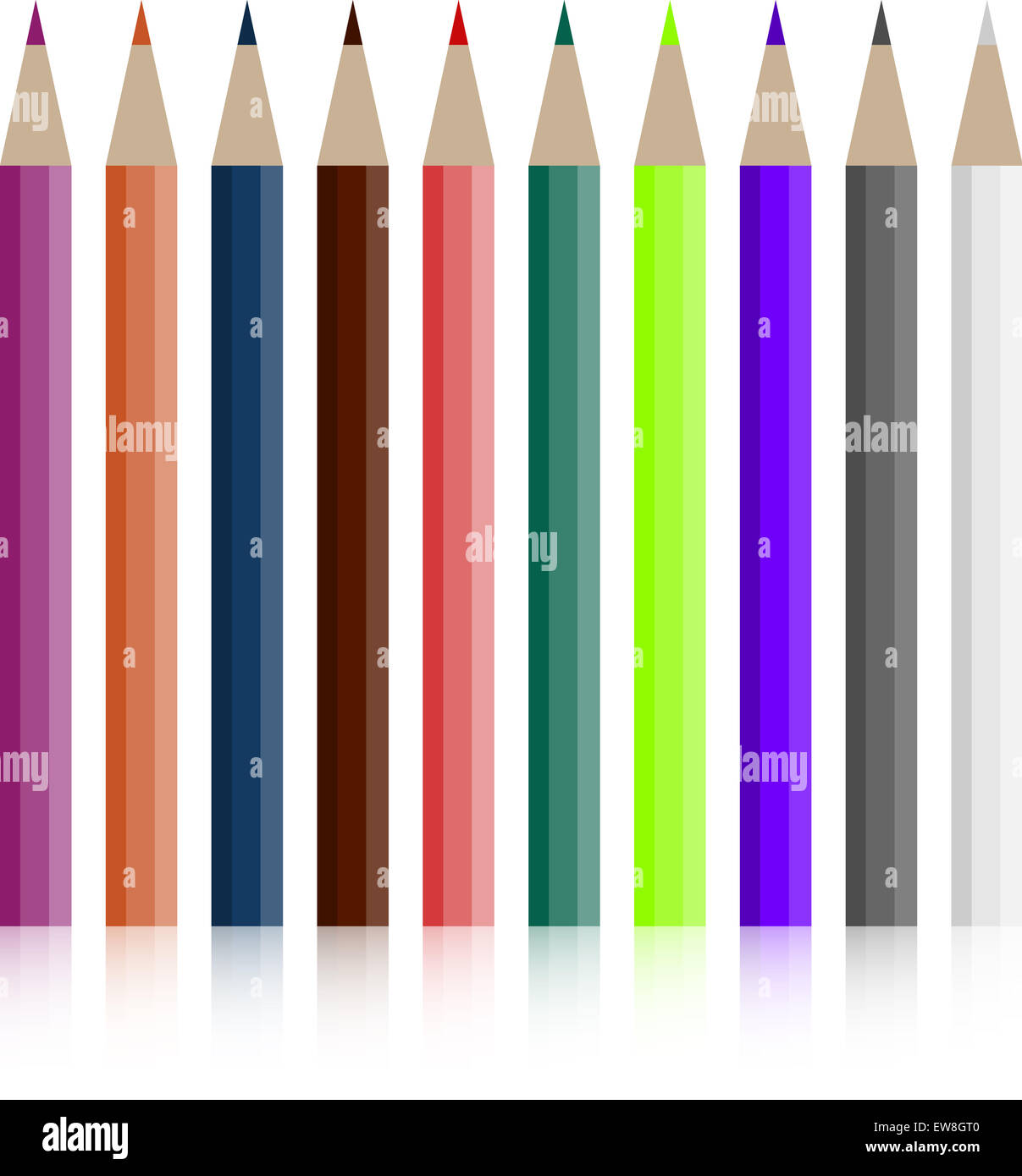 Set di matite colorate. Il pastello luminose, immagine di colore giallo arancio, fila rainbow, utensile di legno, vettore grafico illustrazione Foto Stock