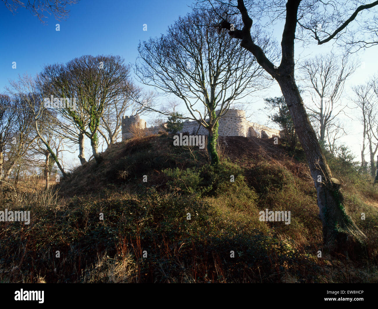 Aber Lleiniog motte & bailey castello, Anglesey, costruito da Norman invasore Hugh di Avranches, lungo con Hugh di Montgomery, 1088-90. Foto Stock
