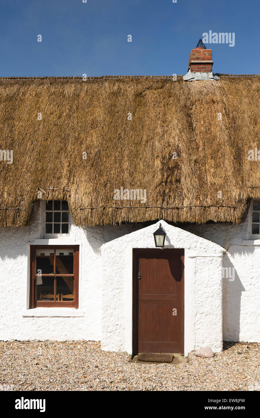 Irlanda, Co Wexford, Kilmore Quay, idilliaco cottage con il tetto di paglia porta anteriore portico e finestra Foto Stock