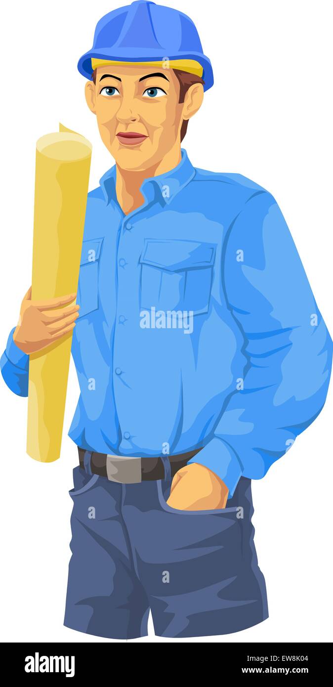 Operaio edile, in maglietta blu, pantaloni, elmetto, tenendo un piano, illustrazione vettoriale Illustrazione Vettoriale
