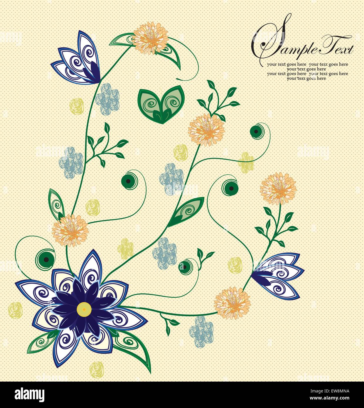 Vintage scheda invito ornato di eleganti astratta Retrò design floreale, royal blu e arancio fiori sul giallo pallido maglia indietro Illustrazione Vettoriale