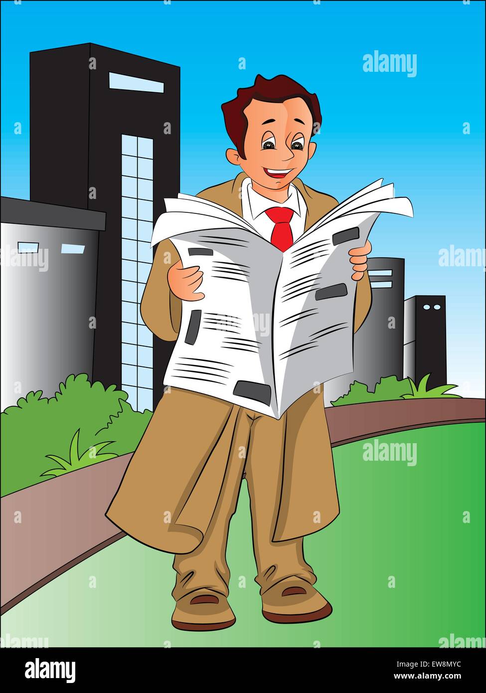 Illustrazione Vettoriale di imprenditore leggendo quotidiani di fronte edifici della città. Illustrazione Vettoriale