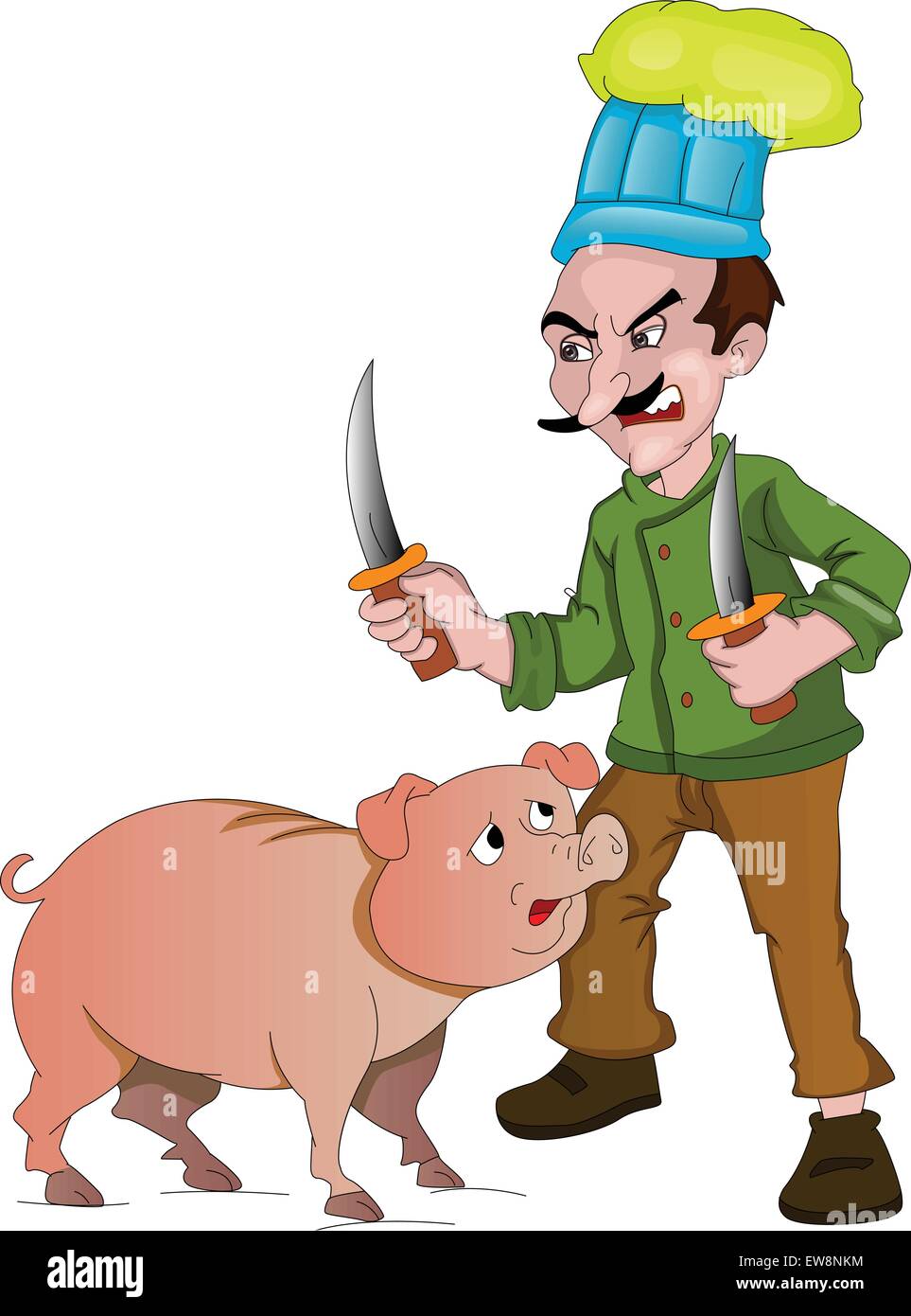 Lo chef con i coltelli per il taglio di un maiale, illustrazione vettoriale Illustrazione Vettoriale