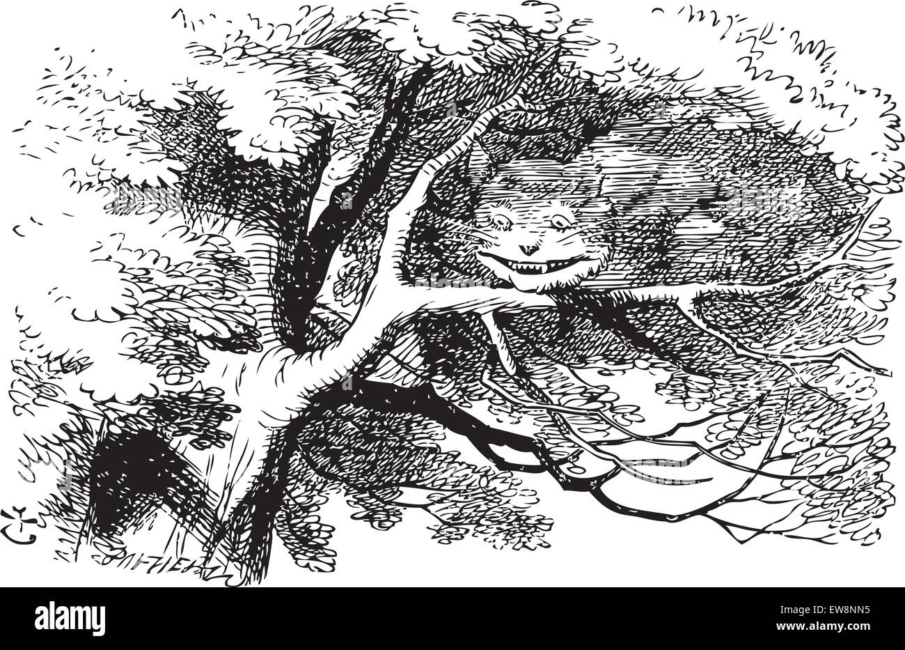 Alice nel Paese delle Meraviglie. Cheshire cat allo sbiadimento per sorridere. Il gatto sparito abbastanza lentamente, inizio con la fine della coda e termina Illustrazione Vettoriale
