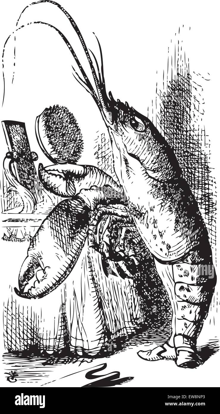 Lobster primping davanti a uno specchio - Alice nel Paese delle Meraviglie vintage originale incisione. Il Lobster dichiarare: Hai ba Illustrazione Vettoriale
