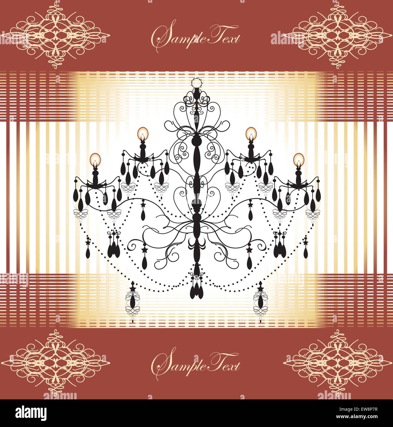 Invito Vintage card con ornati retrò elegante disegno astratto, lampadario su marrone e giallo pallido sfondo mesh con testo Illustrazione Vettoriale
