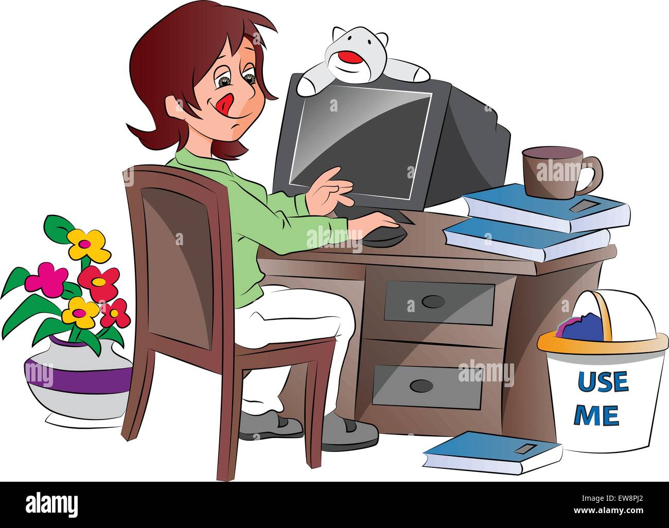 Giovane donna che lavora da casa, illustrazione vettoriale Illustrazione Vettoriale