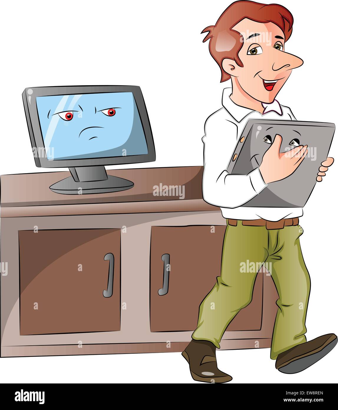 Illustrazione vettoriale di un monitor cartoon guardando imprenditore che porta laptop. Illustrazione Vettoriale