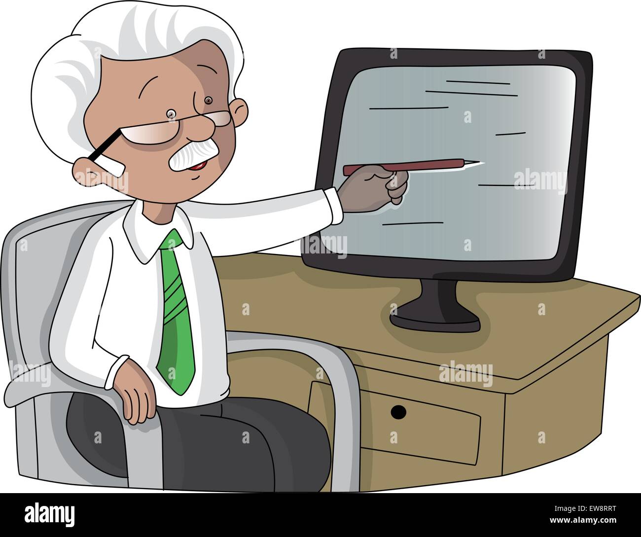 Illustrazione Vettoriale di imprenditore senior rivolto verso lo schermo del monitor. Illustrazione Vettoriale