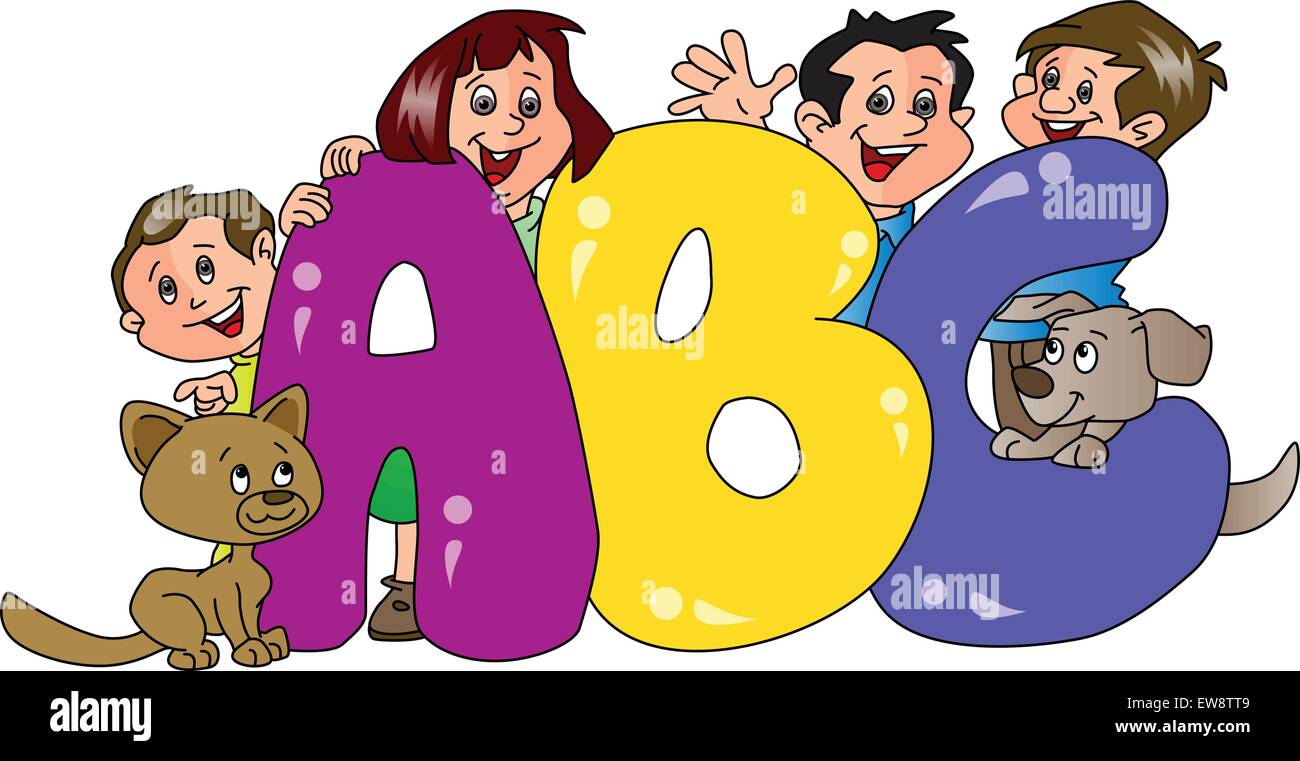 Illustrazione Vettoriale della famiglia felice e cani con blocchi di abc in primo piano. Illustrazione Vettoriale