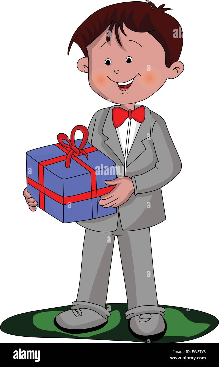 Illustrazione Vettoriale di felice e ben vestito boy tenendo una confezione regalo. Illustrazione Vettoriale