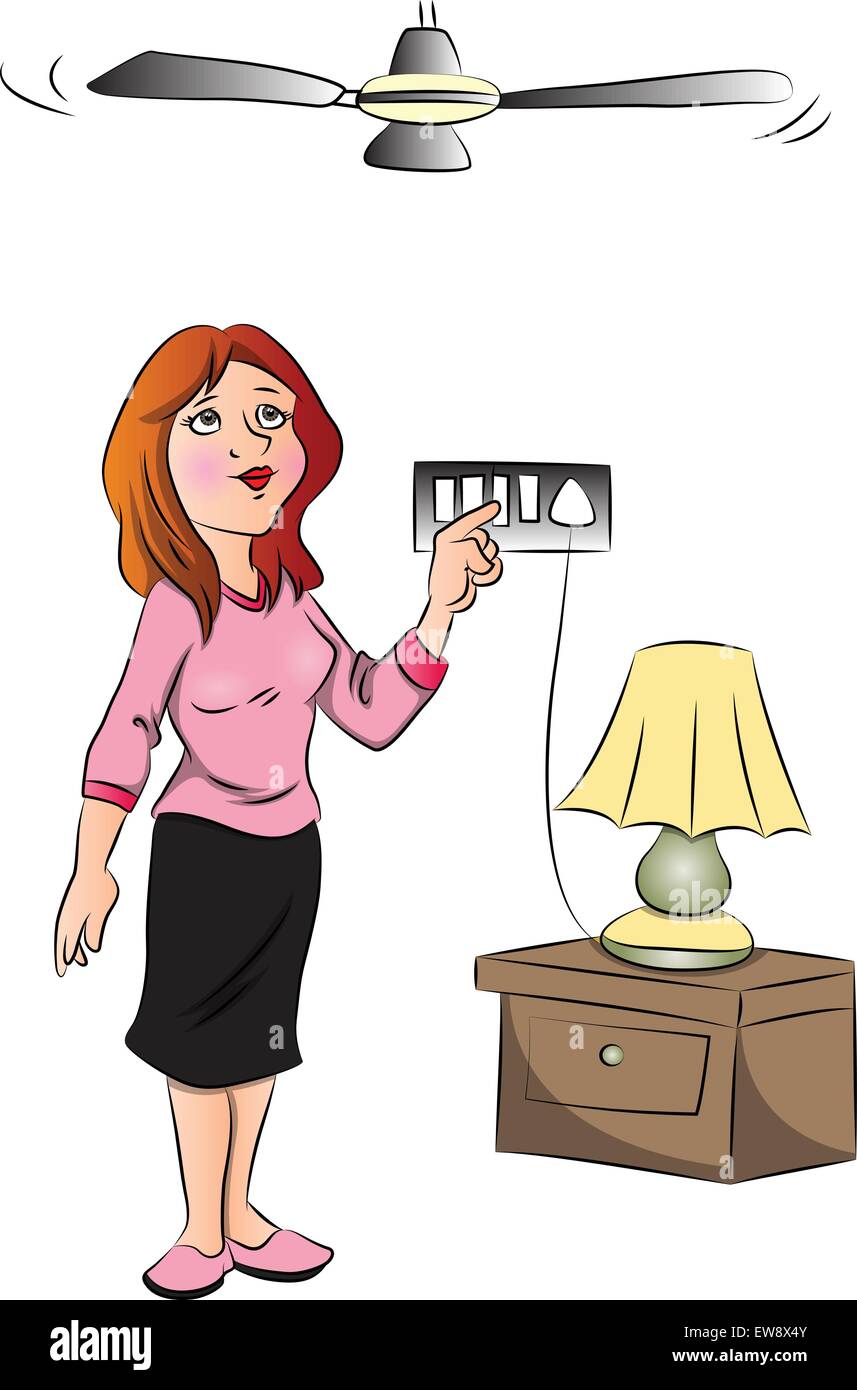 Illustrazione Vettoriale di donna di accendere la ventola elettrica. Illustrazione Vettoriale