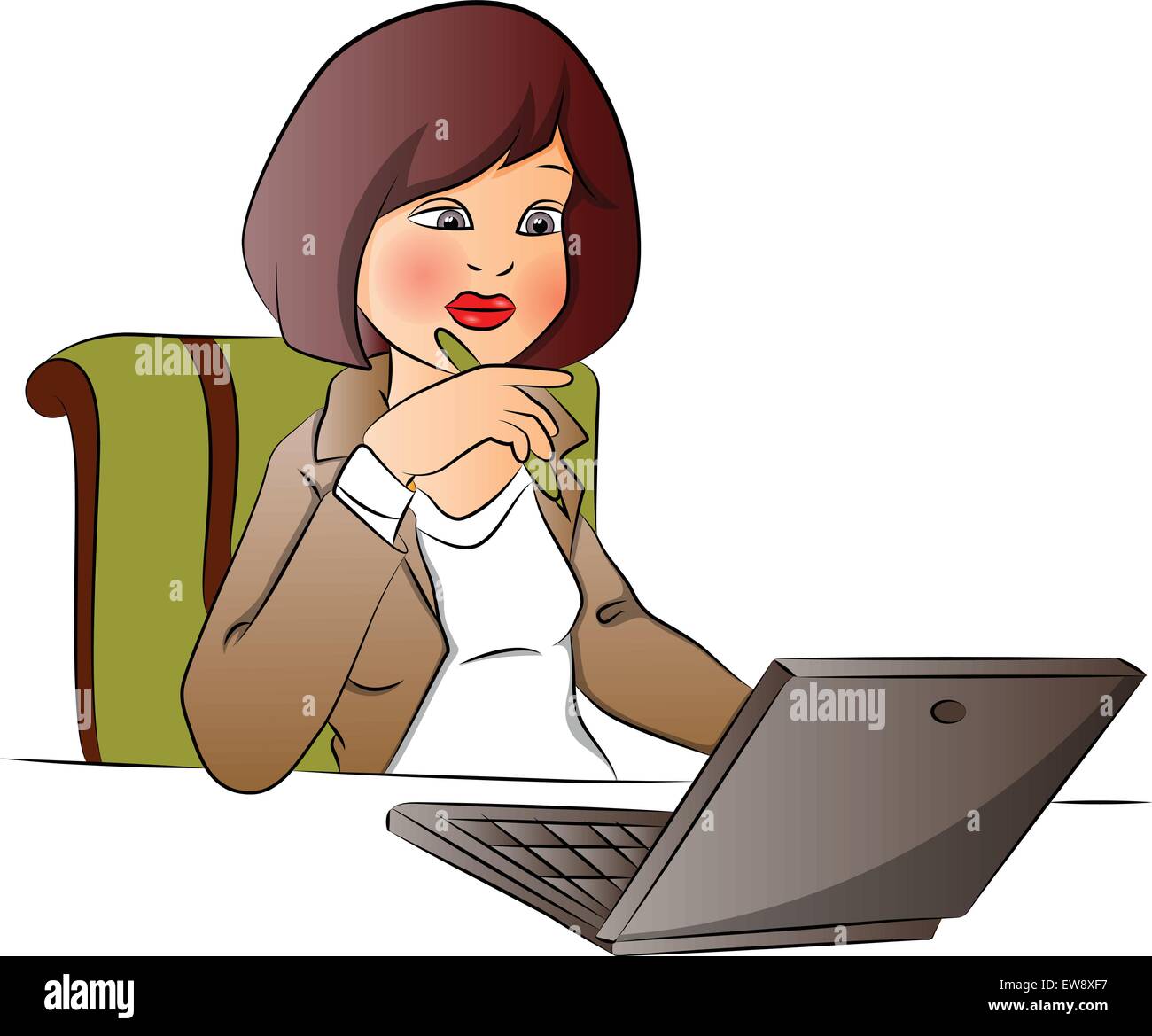 Illustrazione Vettoriale di imprenditrice lavorando sul portatile in ufficio. Illustrazione Vettoriale