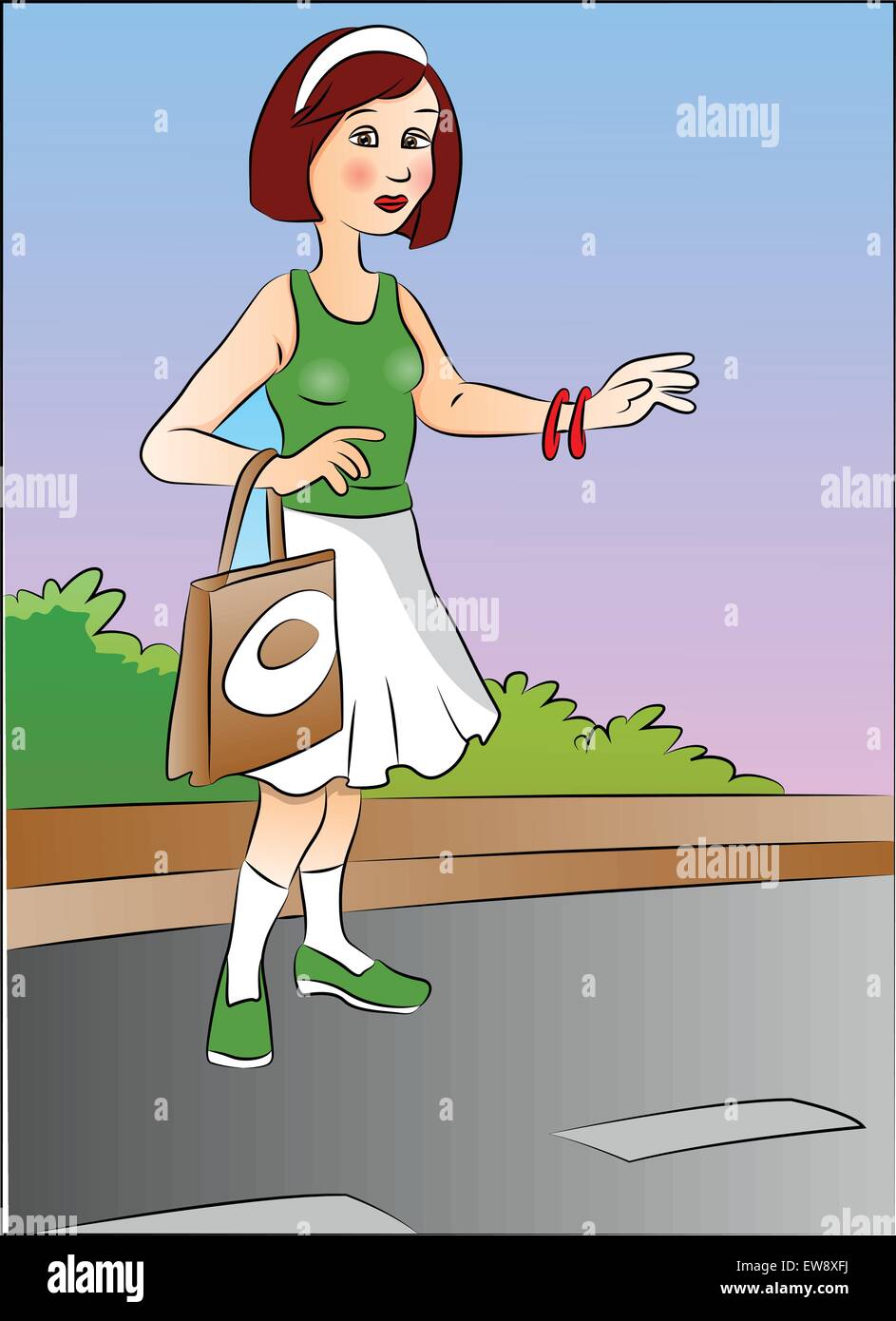 Illustrazione vettoriale di una bella donna autostop in strada. Illustrazione Vettoriale