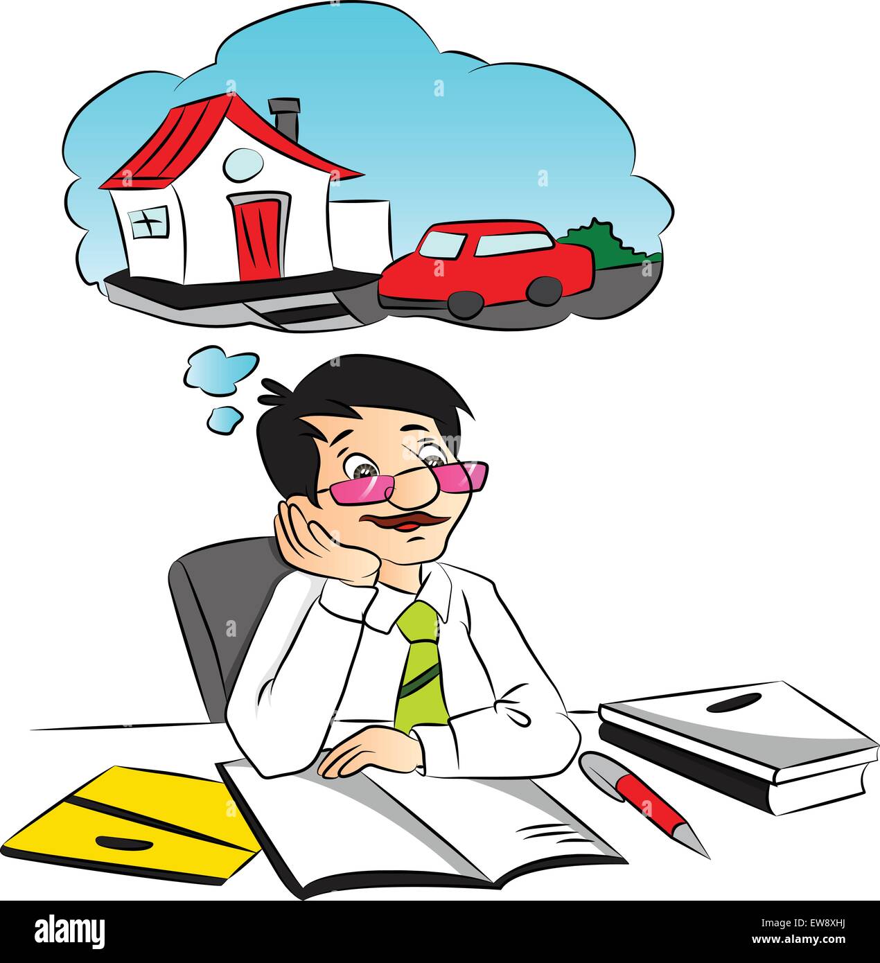 Illustrazione Vettoriale di imprenditore a sognare una nuova casa e auto mentre si lavora in ufficio. Illustrazione Vettoriale