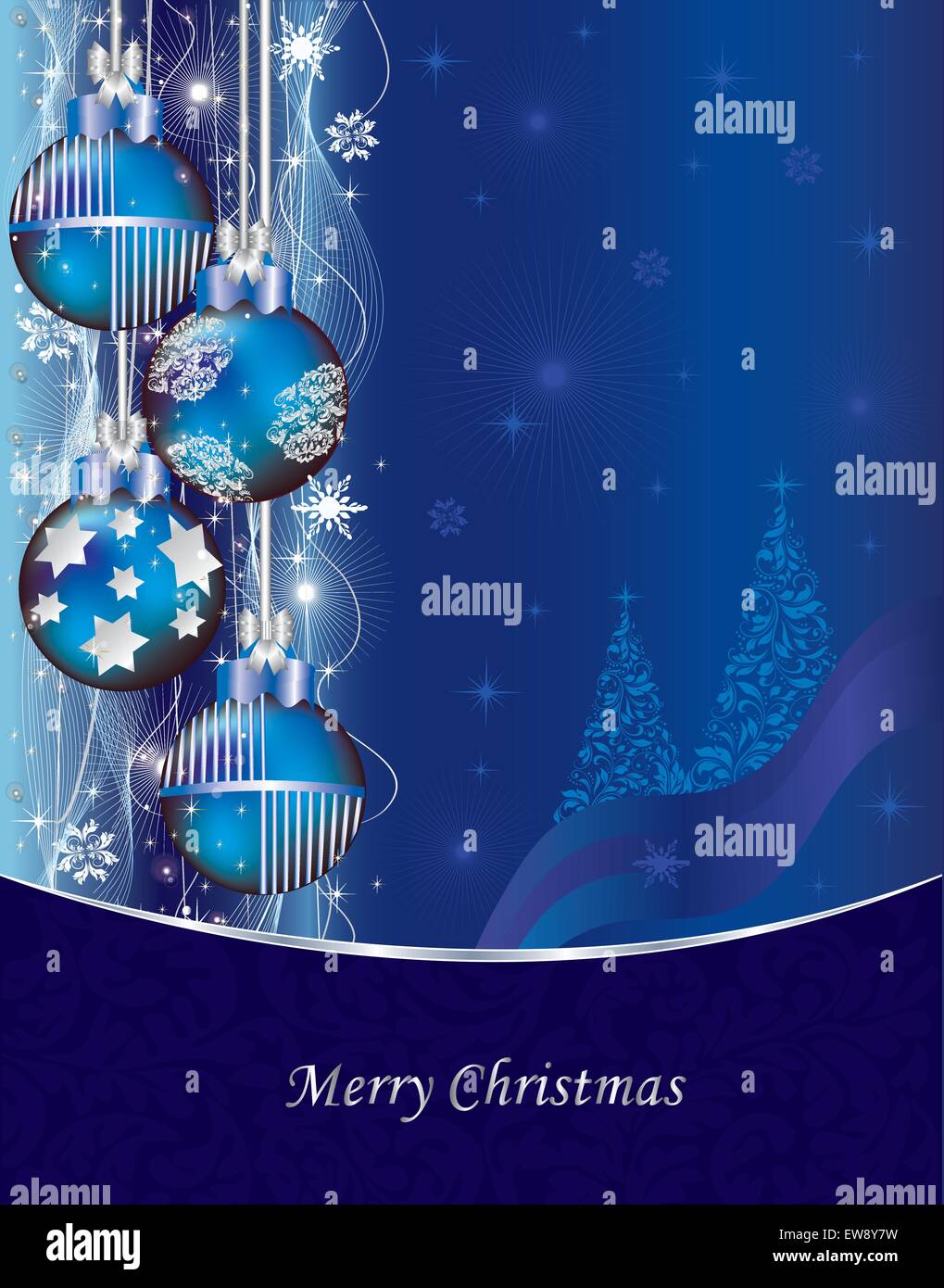 Vintage scheda di natale con ornati astratta elegante design floreale, royal blue con le palle di Natale, albero, stelle e fiocchi di neve Illustrazione Vettoriale