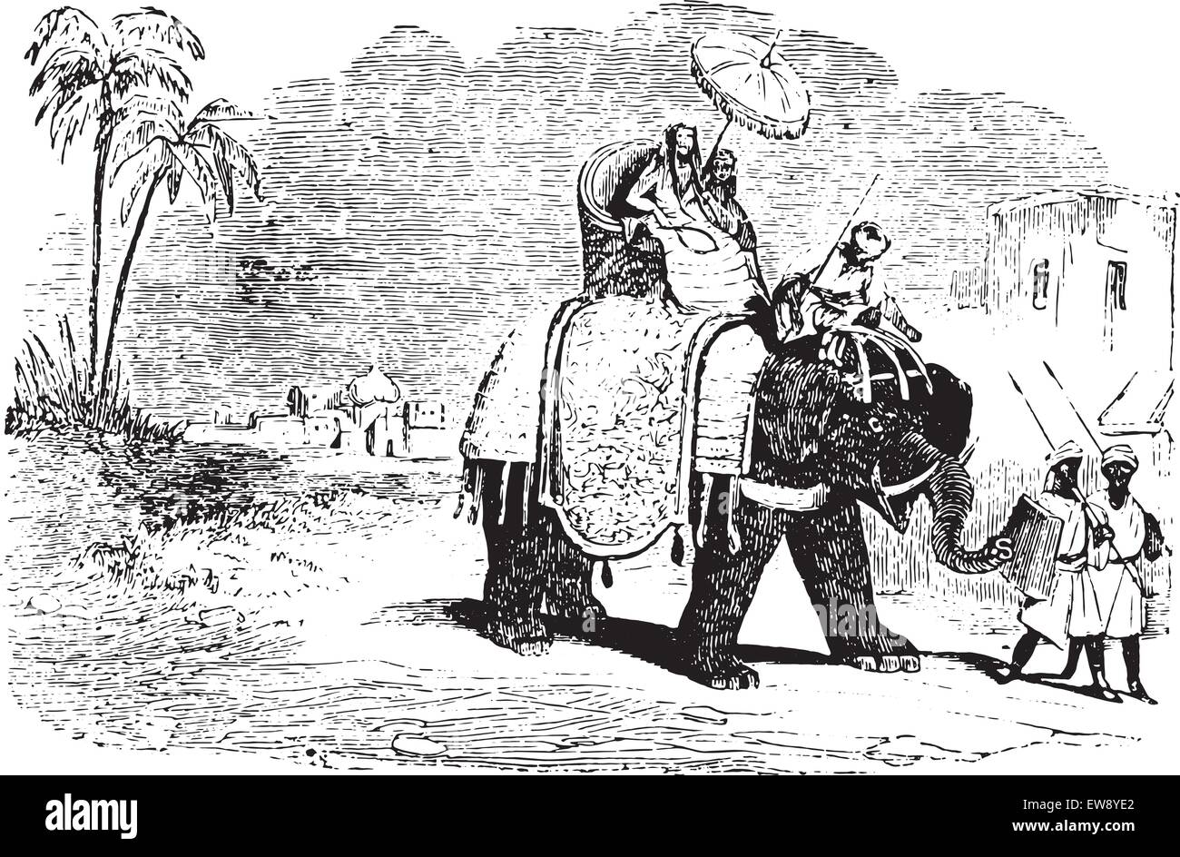 I turisti in giro un elefante, vintage illustrazioni incise. Animaux Sauvages et Domestiques - per i bambini - 1892. Illustrazione Vettoriale