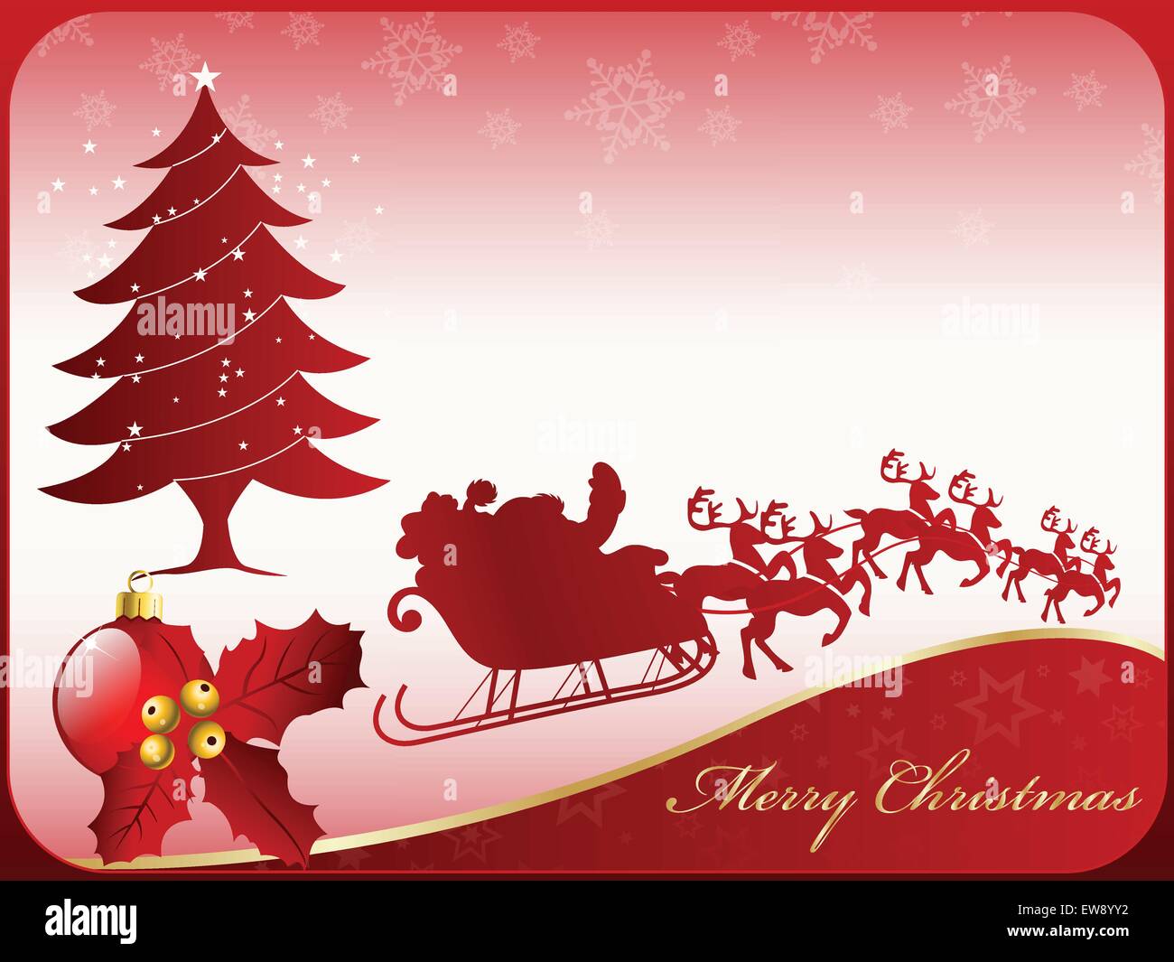Un bel stagionale Merry Christmas card design, con Babbo Natale e la sua renna, una palla di Natale con una decorazione a un poinsettia Illustrazione Vettoriale