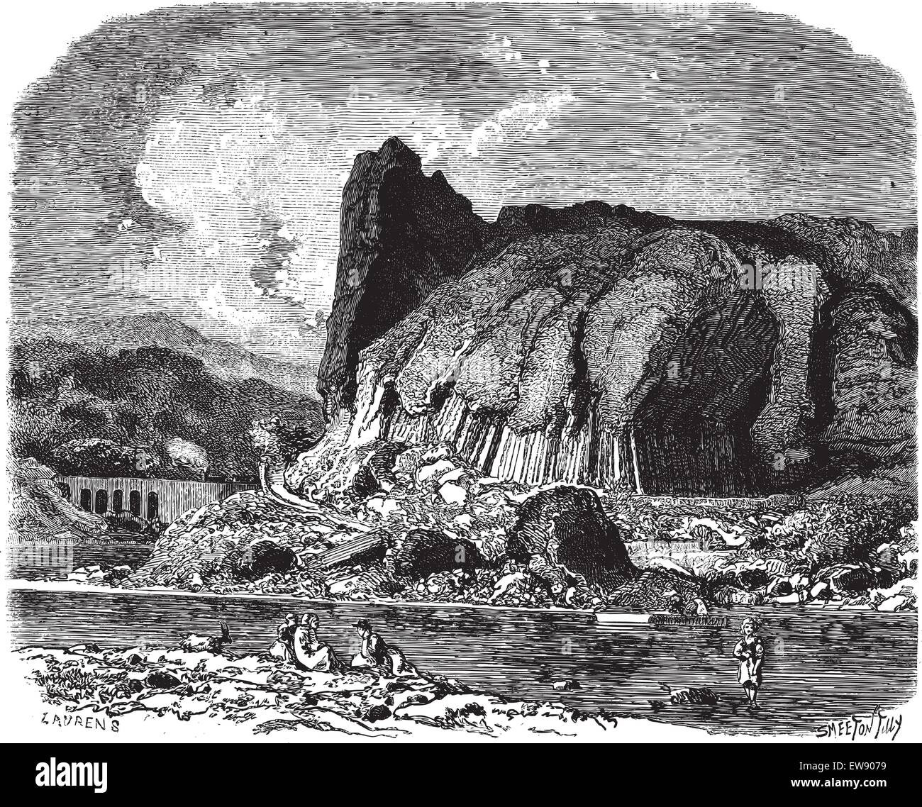 I basalti colonnari di Prades (Haute-Loire), vintage illustrazioni incise. Magasin pittoresco 1875. Illustrazione Vettoriale