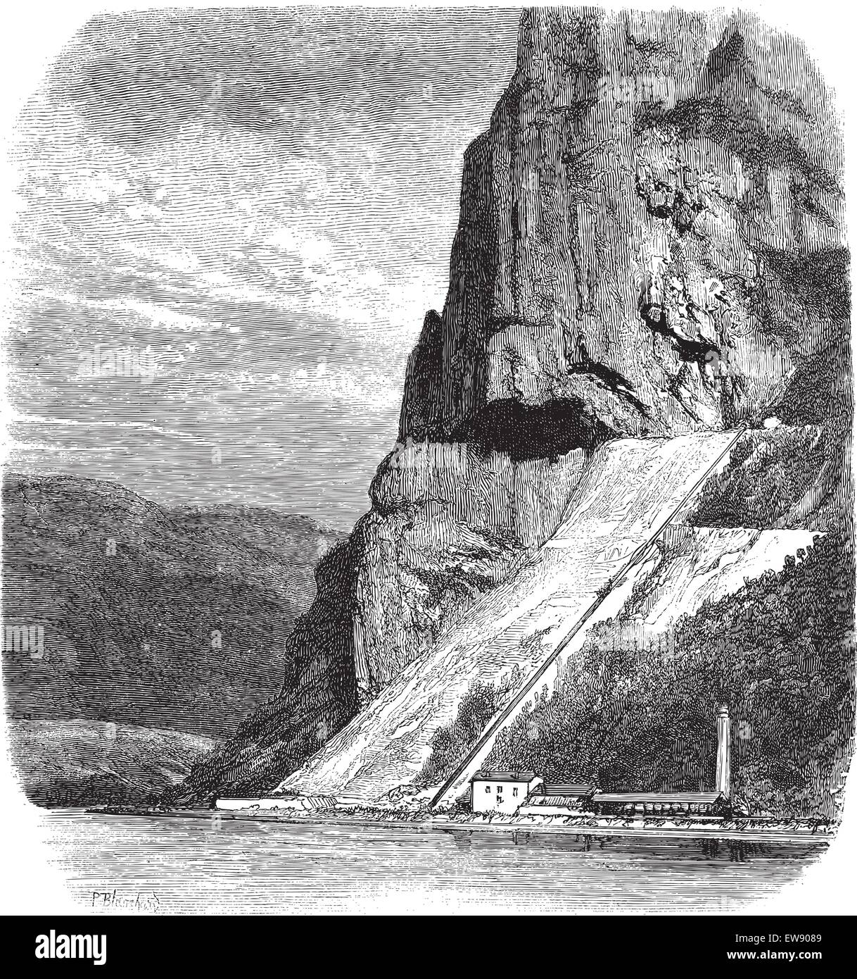 Vista esterna delle Cave di Marmo di Echaillon nell'Isere, Francia, vintage illustrazioni incise. Le Magasin pittoresco - Lari Illustrazione Vettoriale