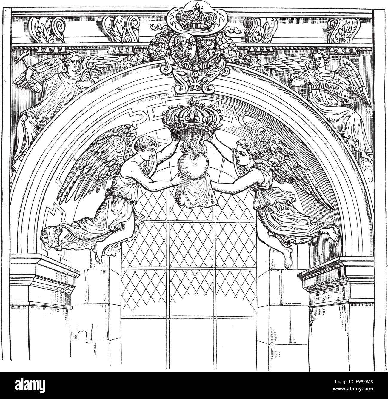 La Chiesa Gesuita, rue Saint-Antoine. - Angeli del denaro con il cuore di Louis XIII, dopo una incisione pubblicato negli archivi o Illustrazione Vettoriale