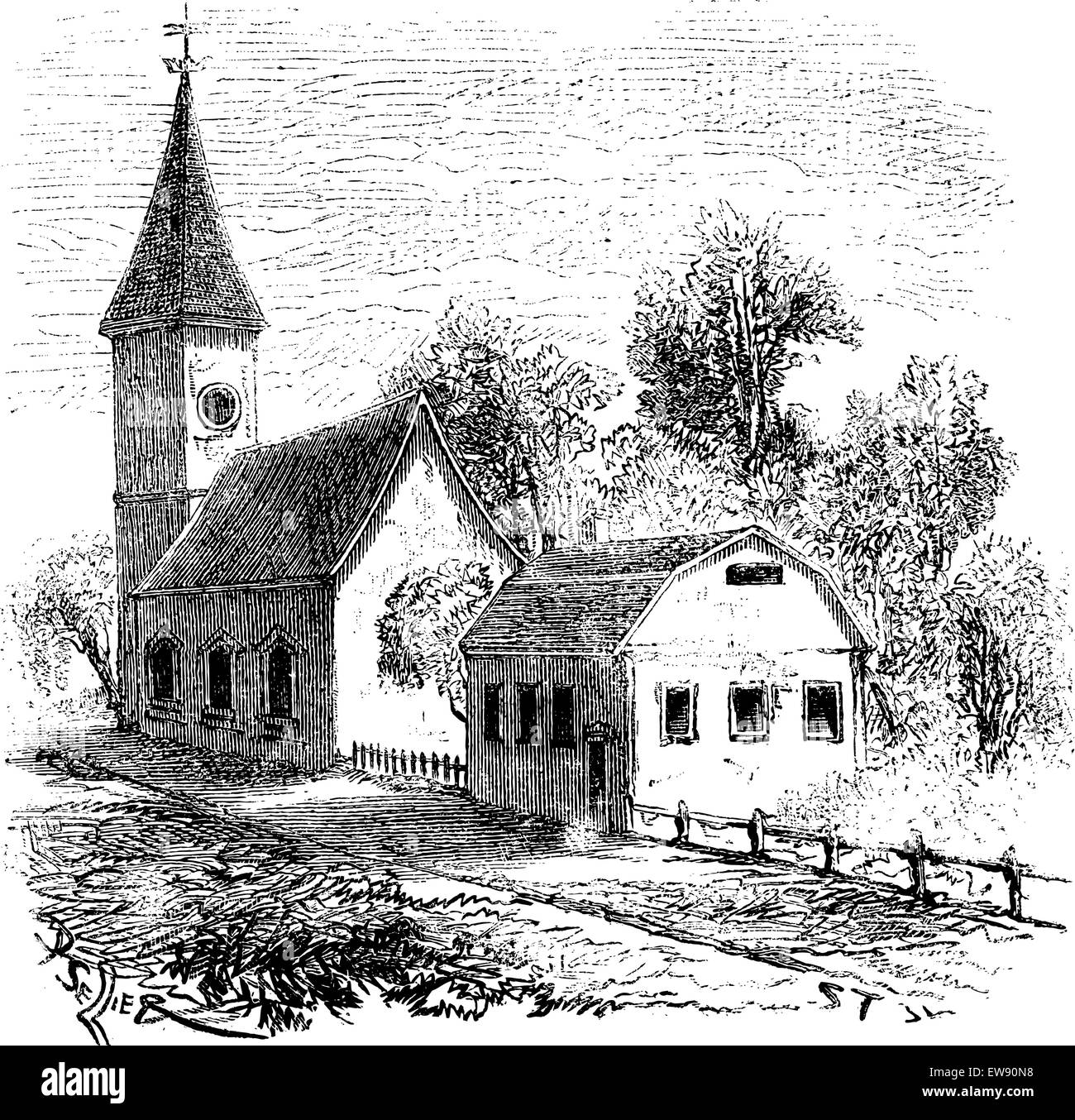 La più antica scuola di Boston, vintage illustrazioni incise. Magasin pittoresco 1875 Illustrazione Vettoriale