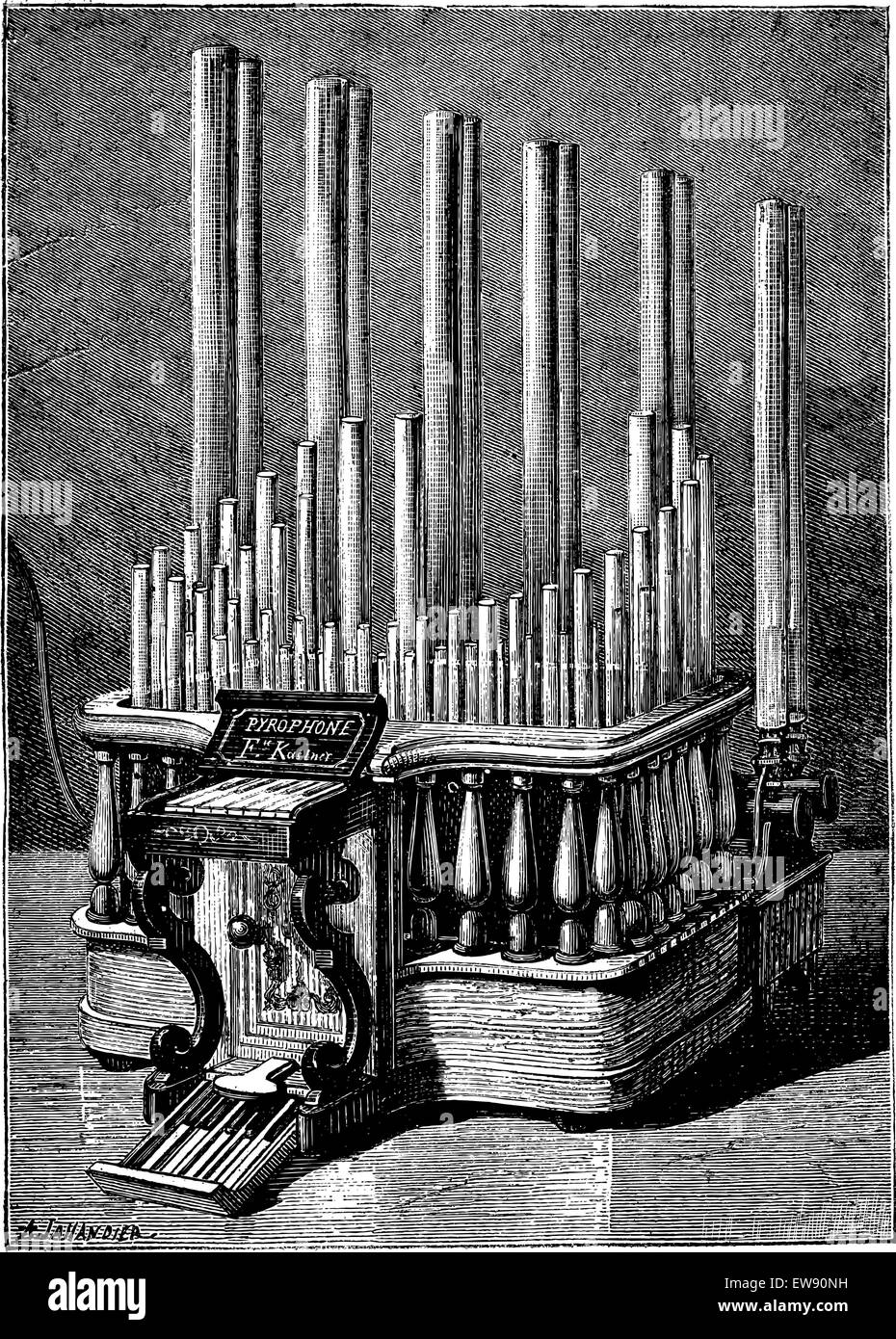 Il Pyrophone, vintage illustrazioni incise. Magasin pittoresco 1875. Illustrazione Vettoriale