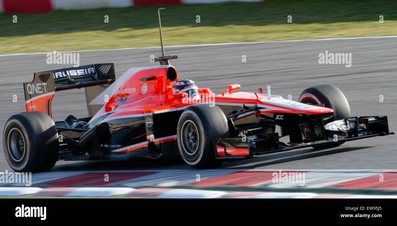 Max Chilton test per Marussia F1 al test pre-stagionale di Barcellona 2013, raccogliendo i dati per la prossima stagione di Formula 1. Foto Stock
