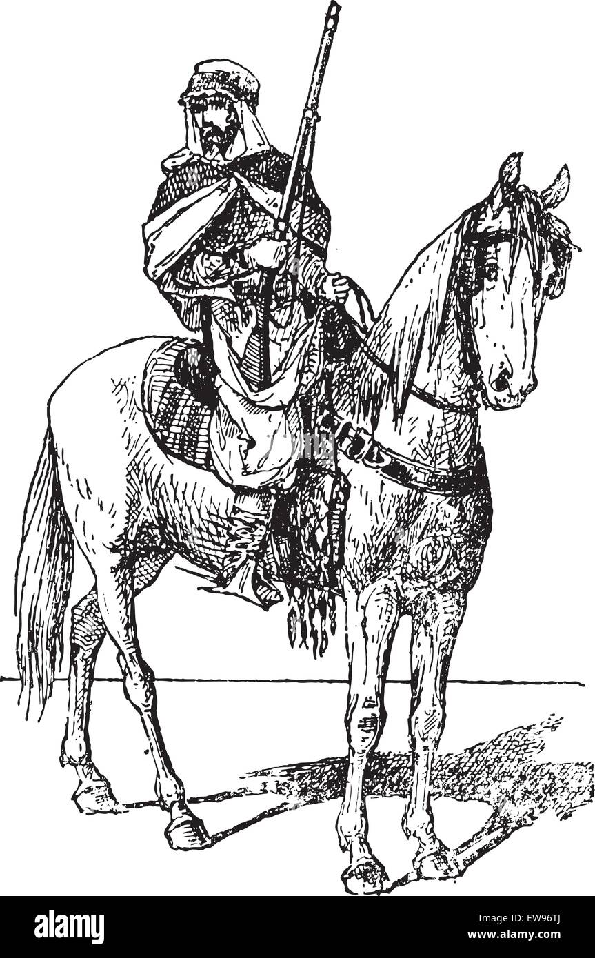 Spahi con arma a cavallo, vintage illustrazioni incise. Dizionario di parole e le cose - Larive e Fleury - 1895. Illustrazione Vettoriale