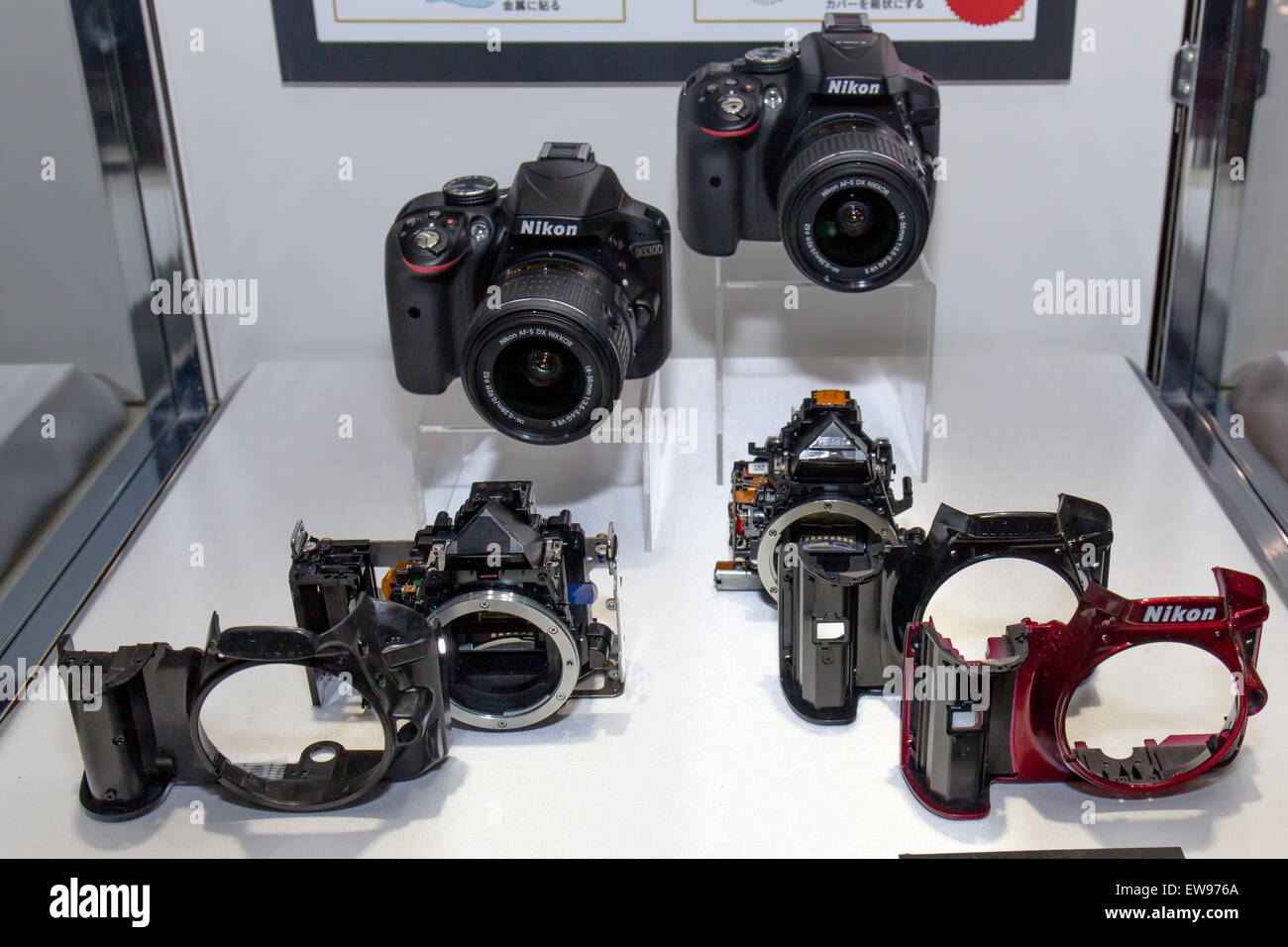 Nikon D3300 e i suoi componenti interni, esposti al CP+ 2014, mostrano la sua tecnologia di imaging avanzata e il design del sensore. Foto Stock