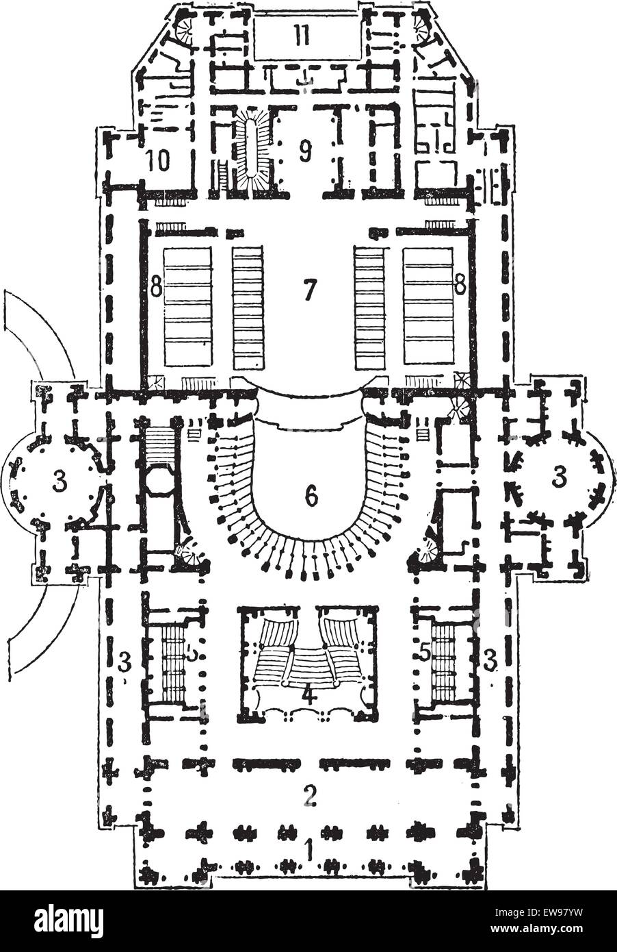 Pianta del Teatro dell'Opera, Parigi, vintage illustrazioni incise. Dizionario di parole e le cose - Larive e Fleury - 1895. Illustrazione Vettoriale