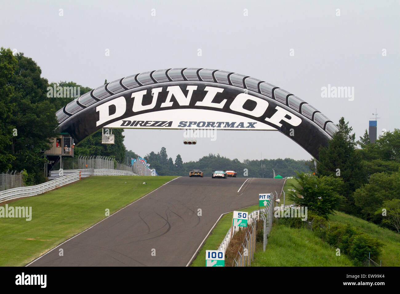Il Dunlop Bridge di Sportsland SUGO, un circuito di sport motoristici in Giappone, è una struttura di riferimento spesso presente negli eventi automobilistici. L'evento del 2012 ha visto varie competizioni svoltesi sul tracciato, noto per il suo layout impegnativo. Foto Stock