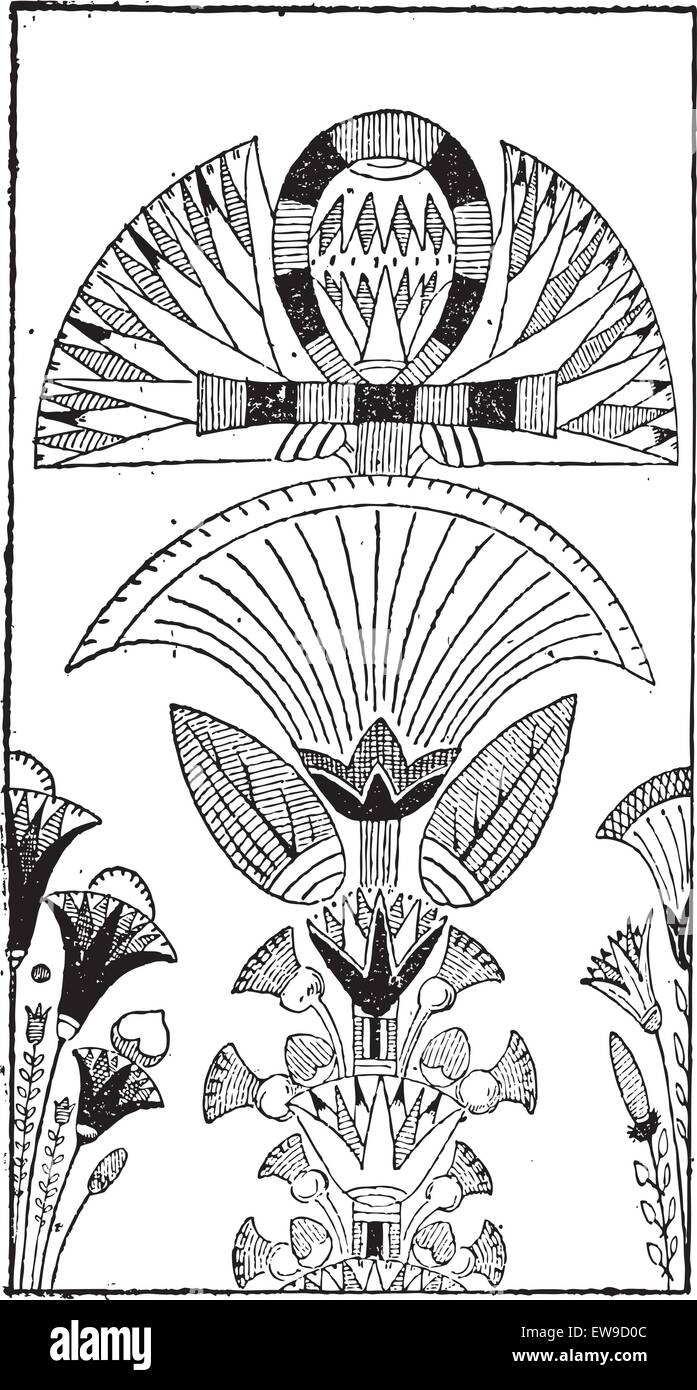 Decorazione egiziano con fiore di loto design, vintage illustrazioni incise. Dizionario di parole e le cose - Larive e Fleury Illustrazione Vettoriale