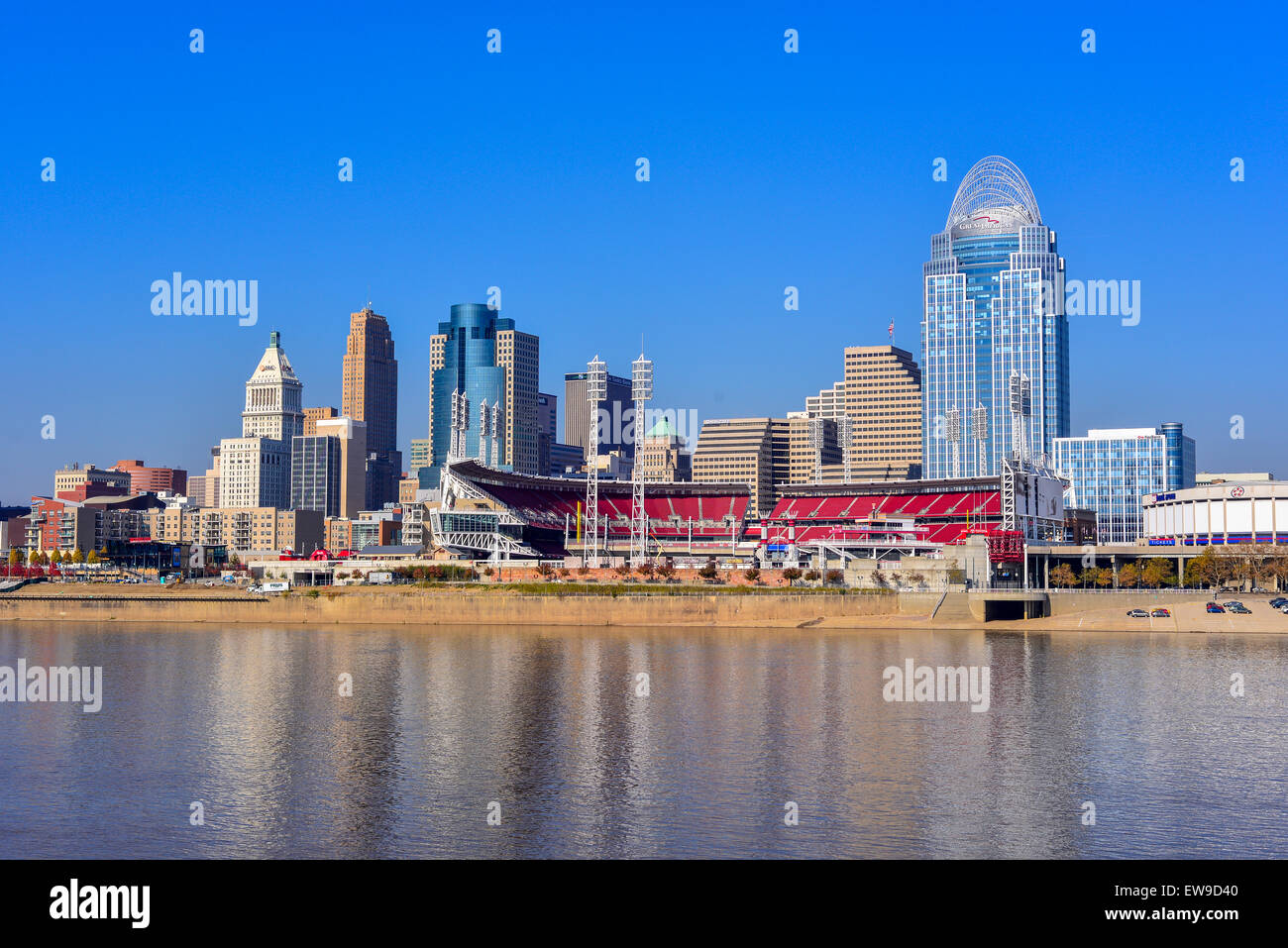 Skyline di Cincinnati visto attraverso il fiume Ohio Foto Stock