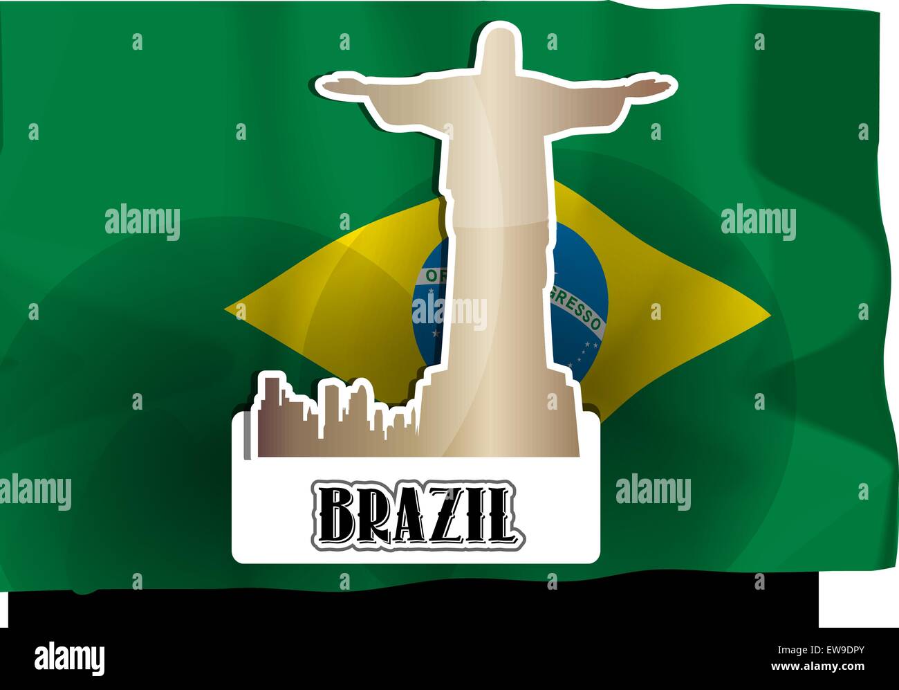 Il Brasile, bandiera brasiliana, la silhouette della città e del Cristo Redentore statua, illustrazione vettoriale Illustrazione Vettoriale